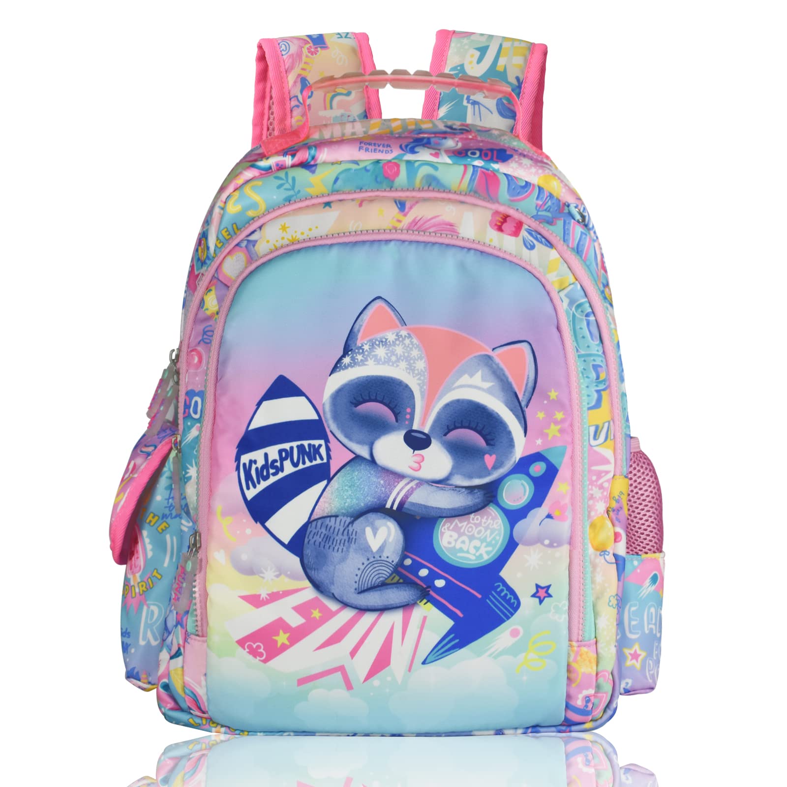 KidsPUNKGirls Backpack 16 Inch Cute Raccoon Backpack for Girls Elementary Kindergarten Kids Backpacks for Girls Kawaii Light Purple Backpack Large Capacity with Lots of Pockets