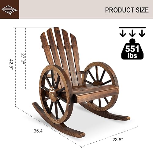 Miniatura 2 de Mecedora de madera para exteriores, diseño de ruedas rústicas, mecedoras Adirondack para patio, campo, patio, patio trasero, natural (1 unidad)