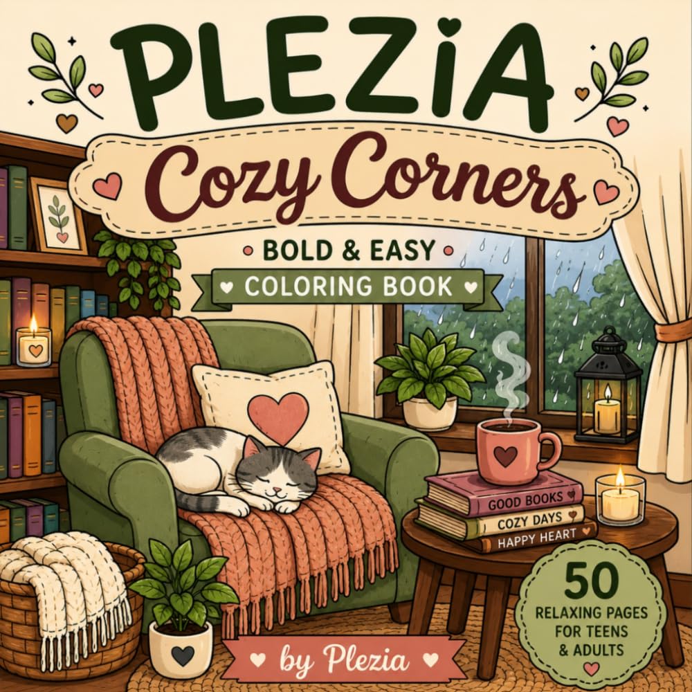 PLEZIA: Cozy Corners: A Bold and Easy Coloring Book for Relaxation and Stress Relief