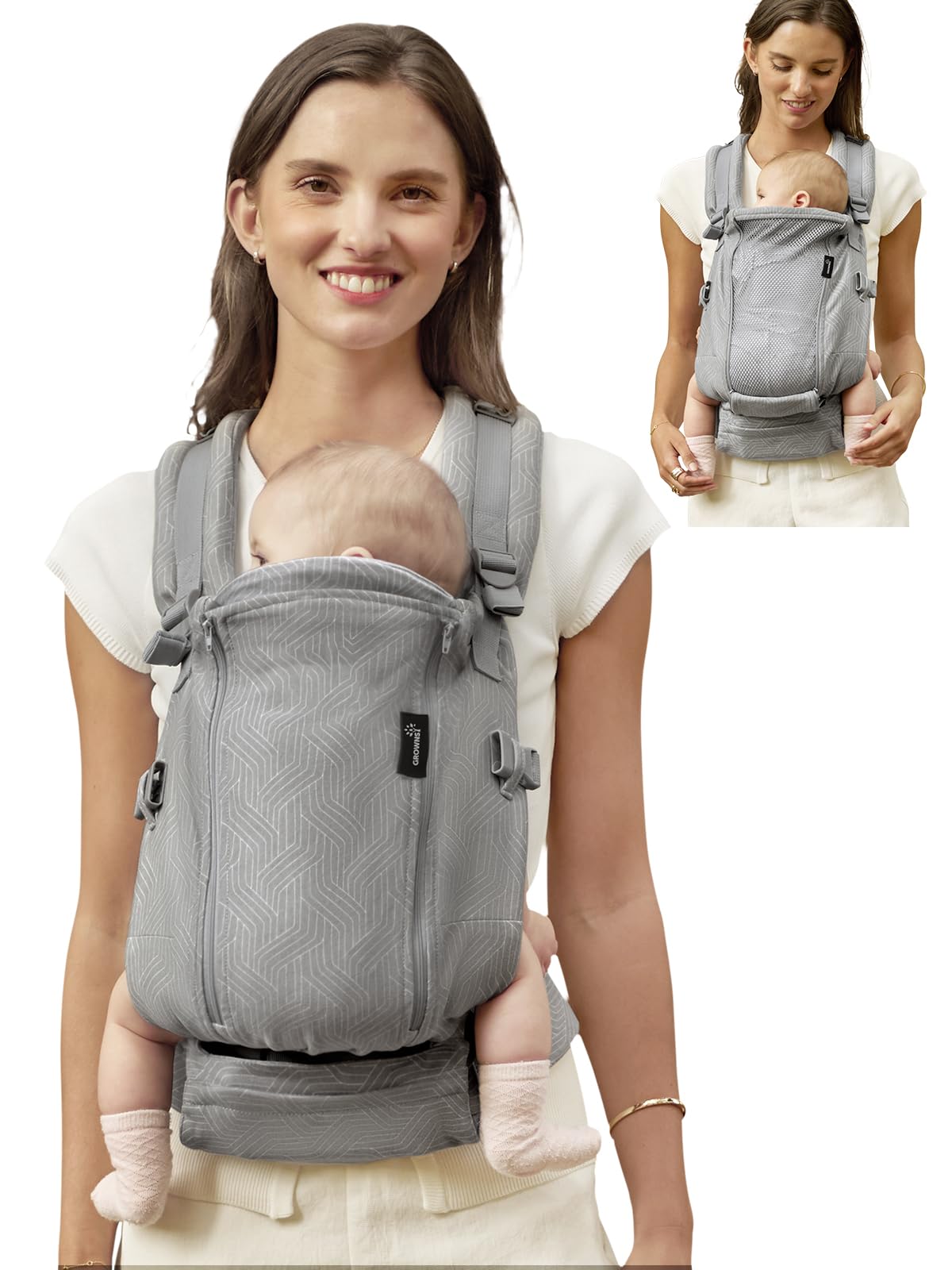 GROWNSY Baby Carrier, All Season Design with Adjustable Mesh Panel, Ergonomic Baby Carriers with Lower & Upper Buckle, Newborn to Toddler (7-44lbs),