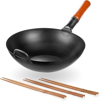 YOSUKATA Carbon Steel Wok Pan 13,5 Stir Fry Pans - Chinese Wok with Flat Bottom Pow + Reusable Natural Wooden Long Cooking Chopsticks Set of 3 pairs 11.8 inch, 13-inch, 14.2 inch