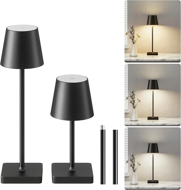 Lampe de table sans fil rechargeable, LED Lampes tactiles avec 3 Numérisation de la couleur, lumières de bureau fonctionnant à la batterie (noir, 2 Boîte)