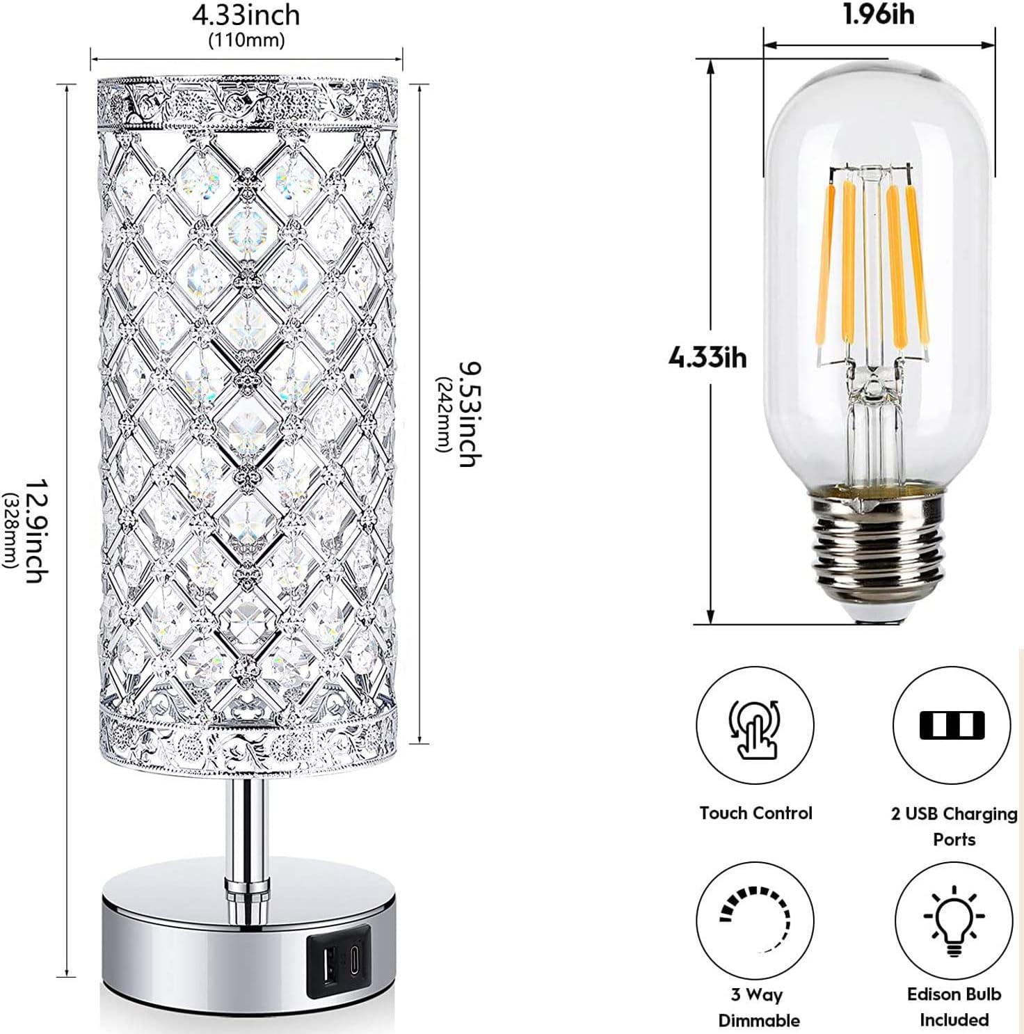 Silver Crystal Table Lamp, Bedside Touch Control Desk Lamp Women Bedroom Decor Girly Bling Lamps 2 USB Ports Nightstand Night Light with Bulb Included for Home, Office, Living Room