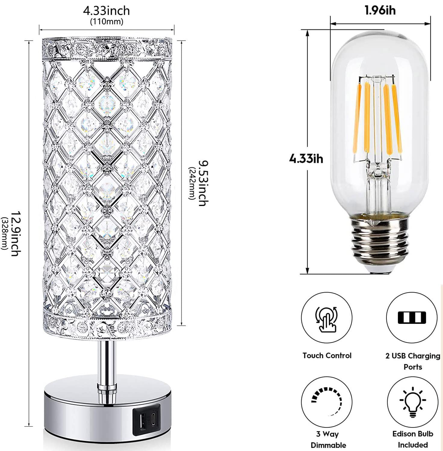 Lampada da tavolo in cristallo, da comodino con controllo tattile, dimmerabile, K9, con 2 porte di ricarica USB e lampadina inclusa, per casa, ufficio, soggiorno (argento)