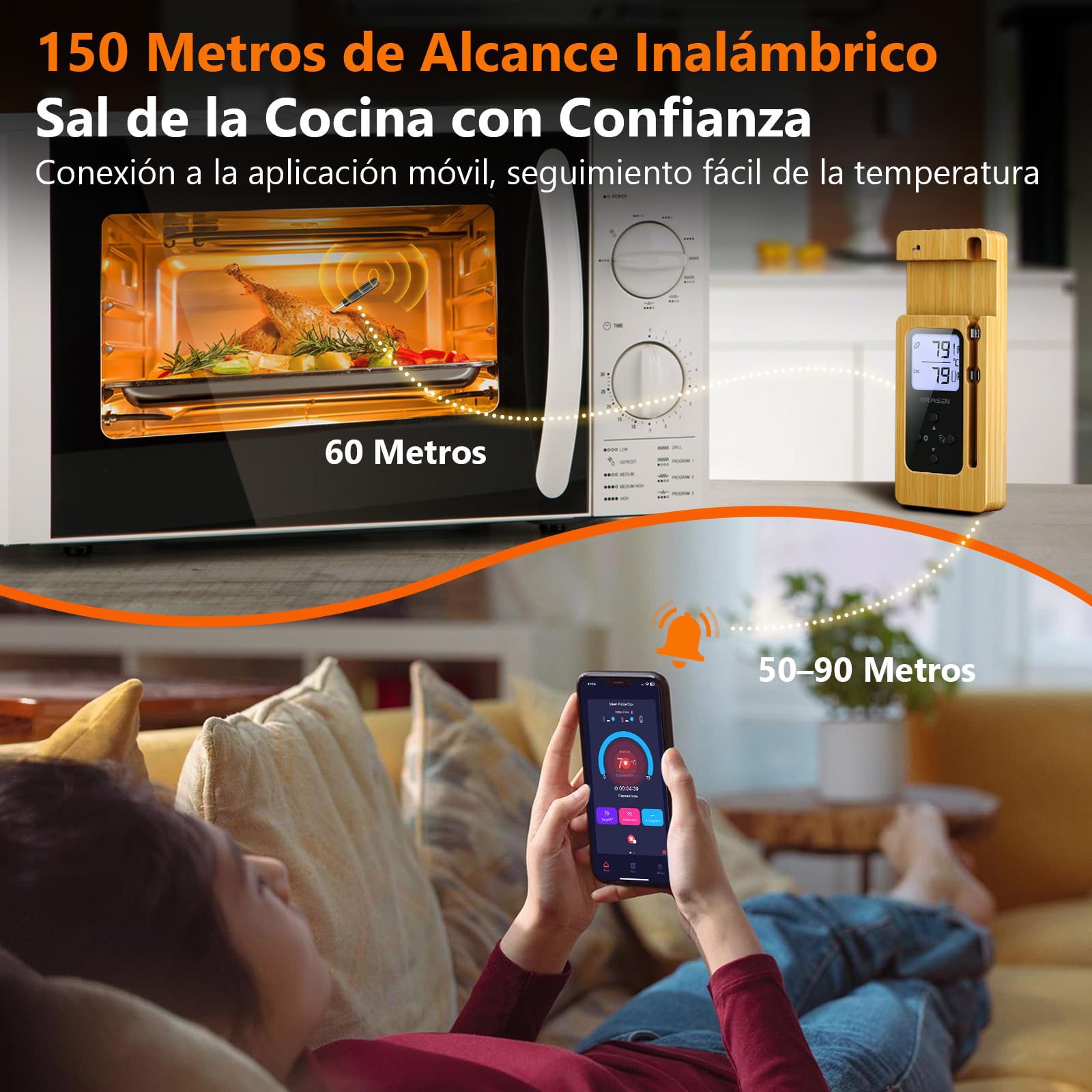 AIRMSEN Termómetro de Carne Inalámbrico con Pantalla LCD, Impermeable IPX8, Termómetro de Barbacoa Bluetooth con Alcance de 150m, Control por App, Mango de Cerámica, para Parrilla, Horno y BBQ