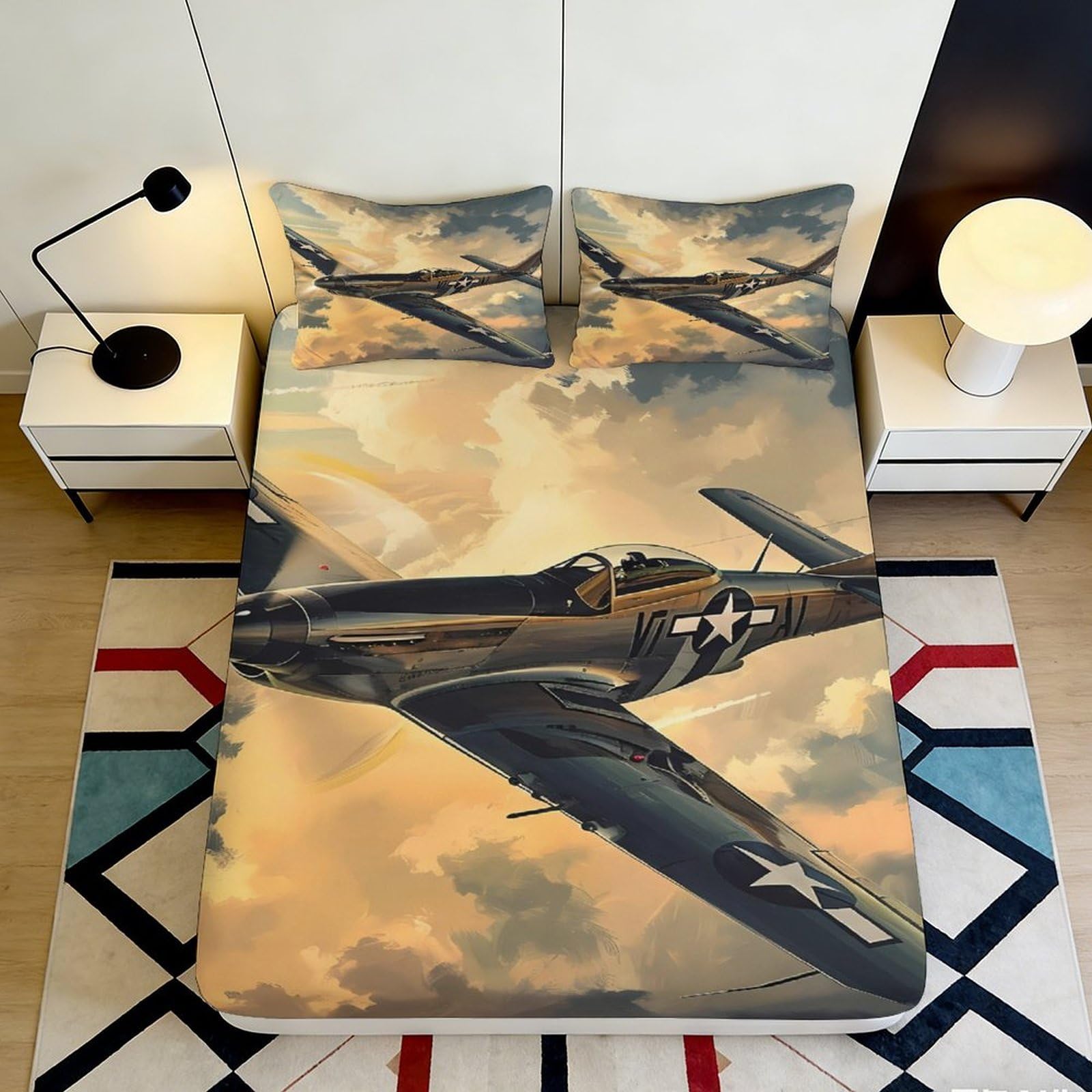 3D Printed Aircraft Fitted Sheet Microfiber Deep Pocket Non-Slip Bedroom Bedding Fighter Mattress Fitted Cover Washable 140x200x25cm