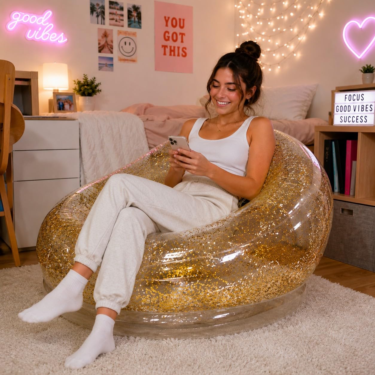 Air Candy Inflatable Glitter Chair - Filled with 6mm Holographic Color Changing Gold Glitter - Made with Strong PVC That Will Hold up to 250 lbs. Perfect for Indoor or Outdoor use!-image-35