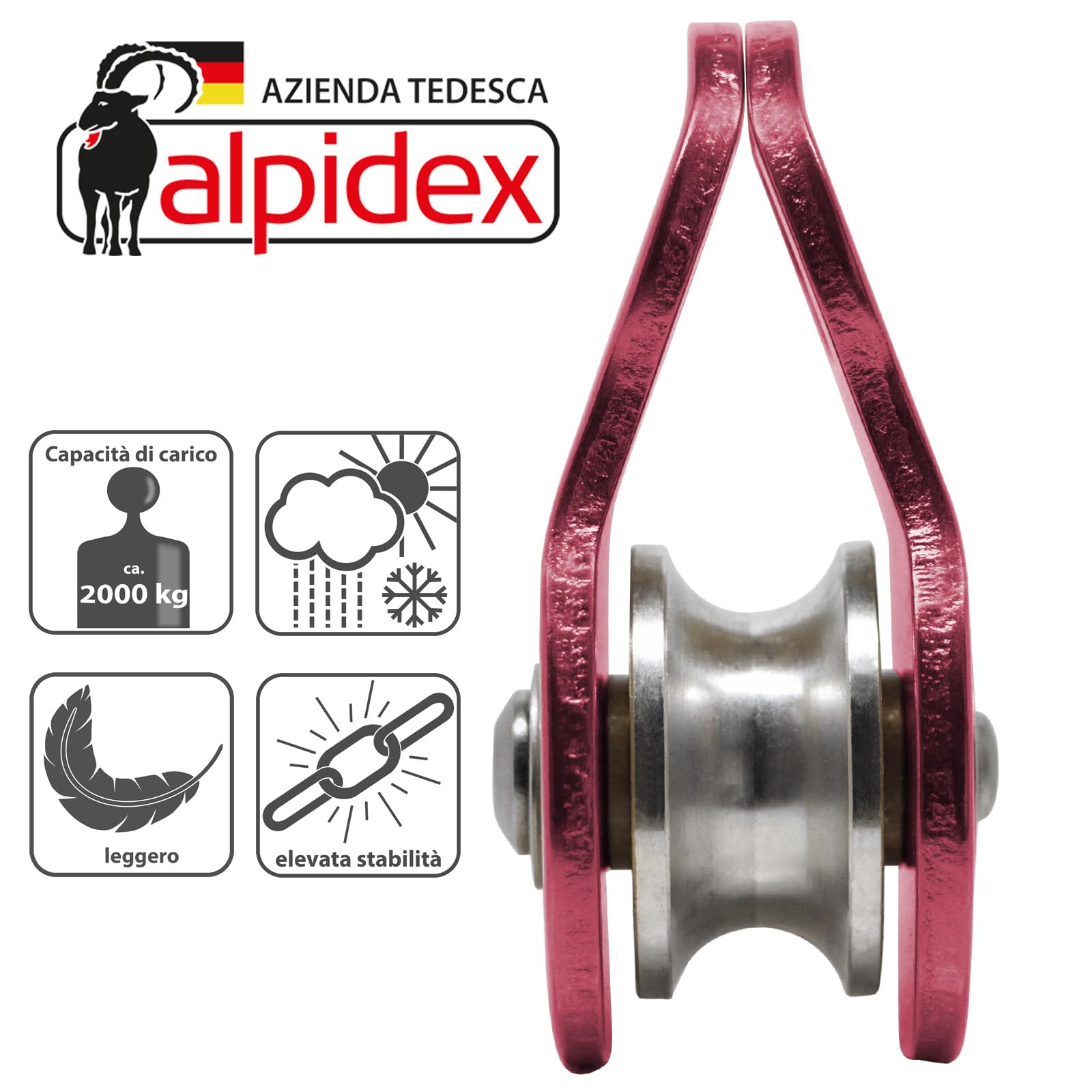 ALPIDEX Carrucola Mobile 20 KN | Bozzello per Carrucola | Standard EN12278 | Funi Fino 11 mm di Diametro | Pulegge Paranco Fune | Carrucole per Sollevamento | Puleggia Rota