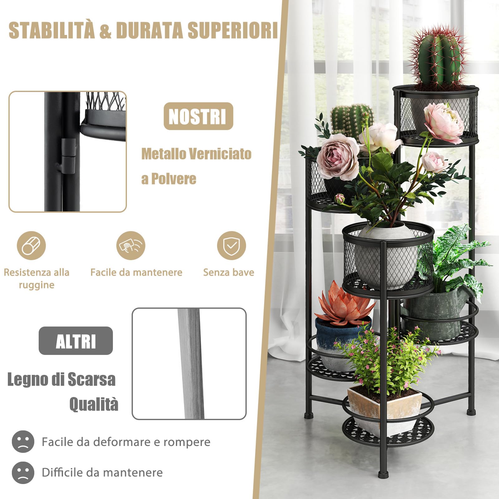 COSTWAY Porta Piante da Interno Pieghevole, Scaffale per Piante e Fiori in Metallo a 6 Livelli,Porta Vasi Salvaspazio da Balcone e Salotto, 41 x 39 x 82 cm (Nero)