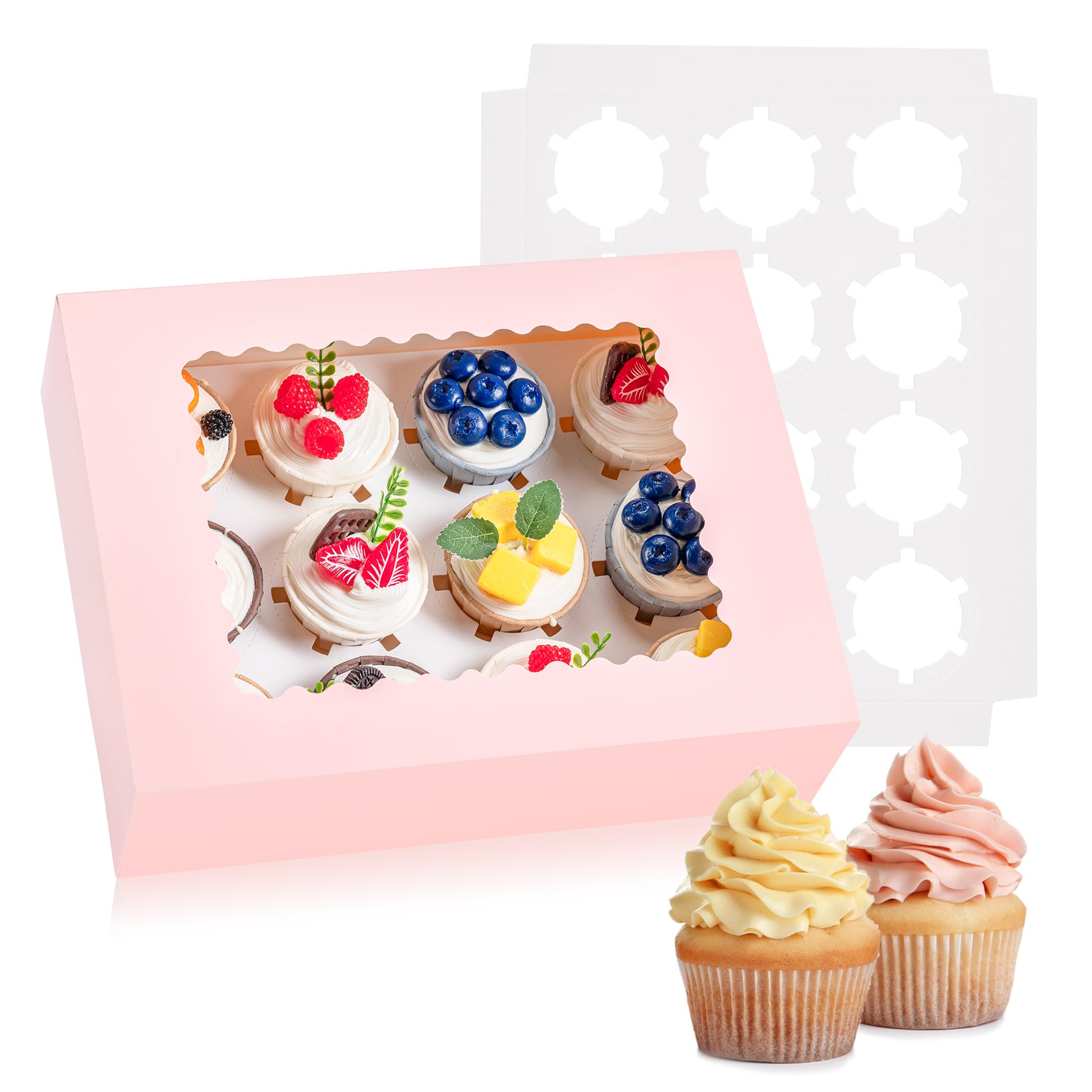 Hoewina 12PCS Cupcake Boxes - Hold 12 Count Cupcake Containers with Window, Food Grade Cupcake Holder Easy Transport and Presentation - Ideal for Cupcakes, Desserts, and More (Pink)