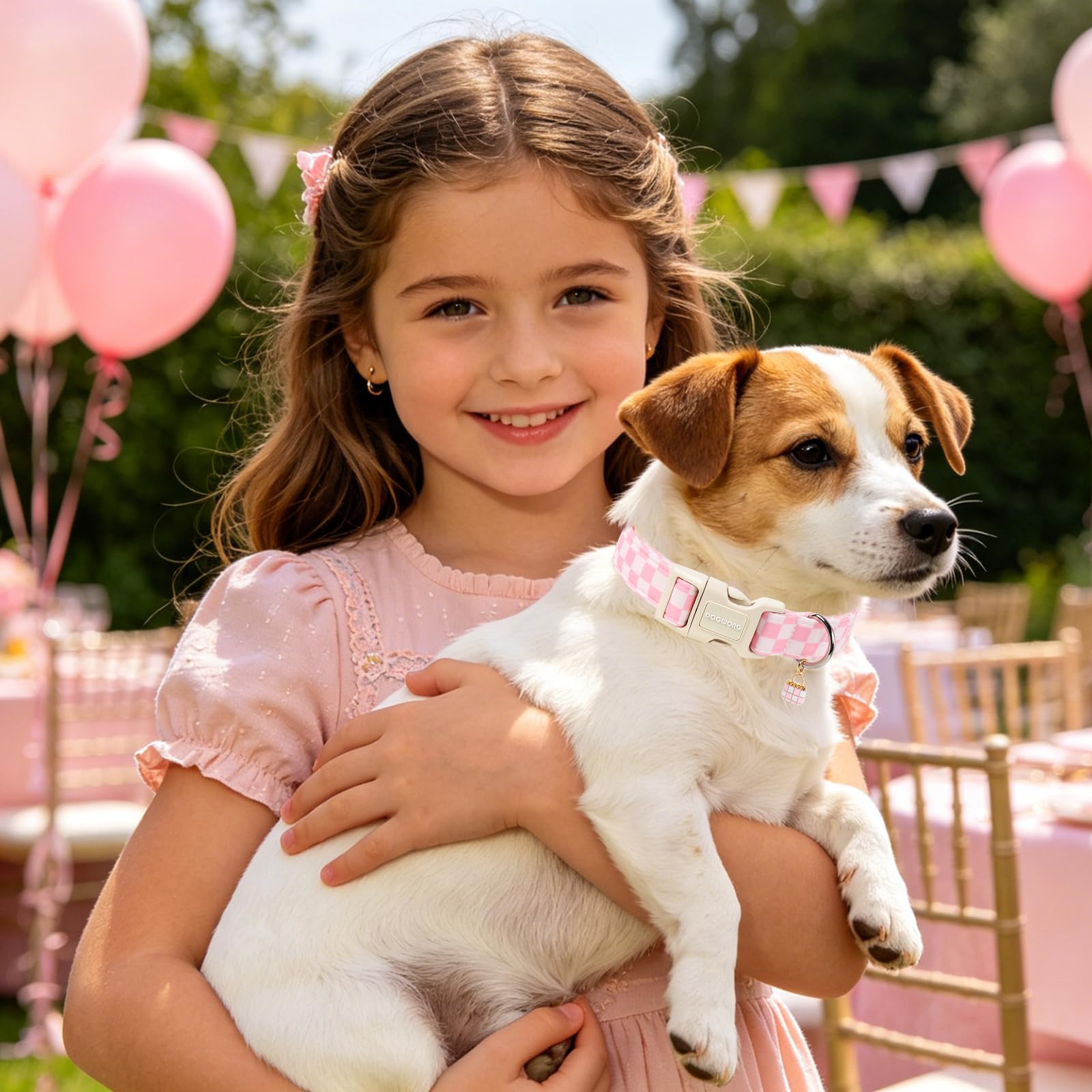DOGWONG Girl Dog Collar for Medium Dogs, Pink Checked Dog Collars, Pink Checked Dogs Collars for Small Medium Dogs, Neck 14-21 inches - 5
