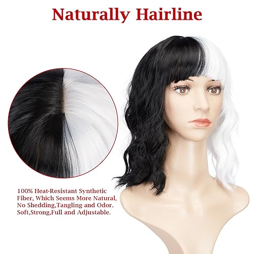 Miniatura 2 de AGPTEK Pelucas sintéticas onduladas para cosplay de 15.7 pulgadas, peluca de Cruella Deville, fibra resistente al calor, textura suave y lisa,