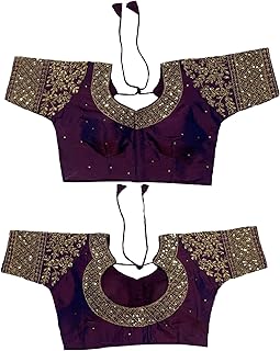 Pujia Mills Women's Heavy Embroidery Coding with Sequins Work Half Sleeves Fancy Readymade Saree Blouse