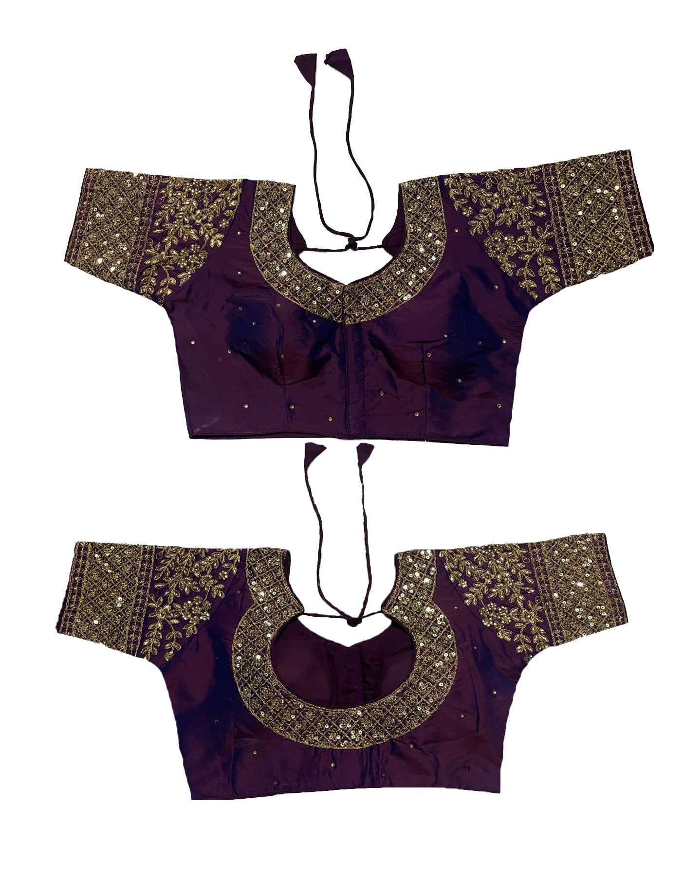 Pujia Mills Women's Heavy Embroidery Coding With Sequins Work Half Sleeves Fancy Readymade Saree Blouse (Wine, 38)