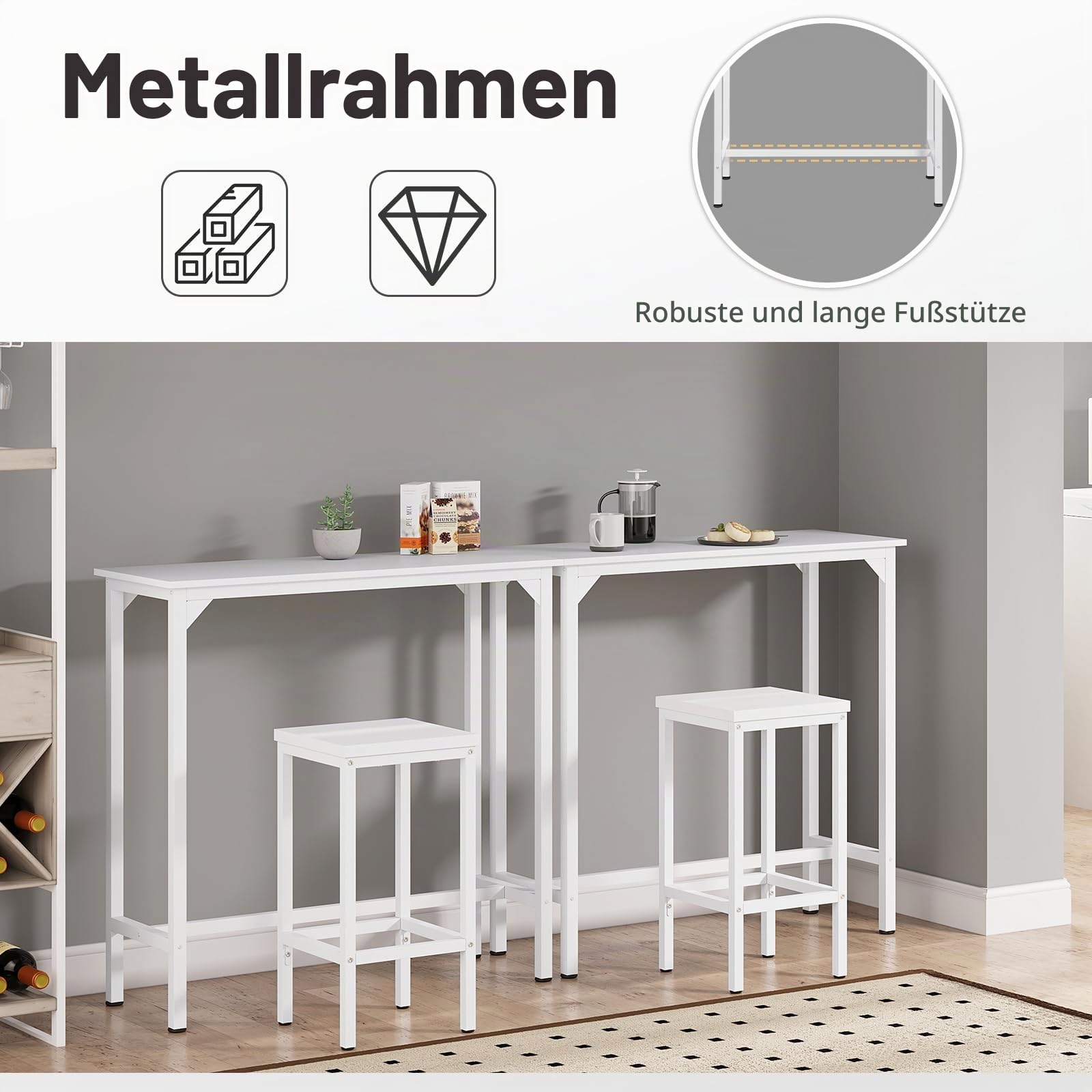 EUGAD Bartisch weiß, Stehtisch, Küchentisch, Hochtisch schmal | Konsolentisch, Flurtisch, Beistelltisch hoch, für Bar Bistro Kücheninsel, aus Holzwerkstoff Metall, 100x100x40cm