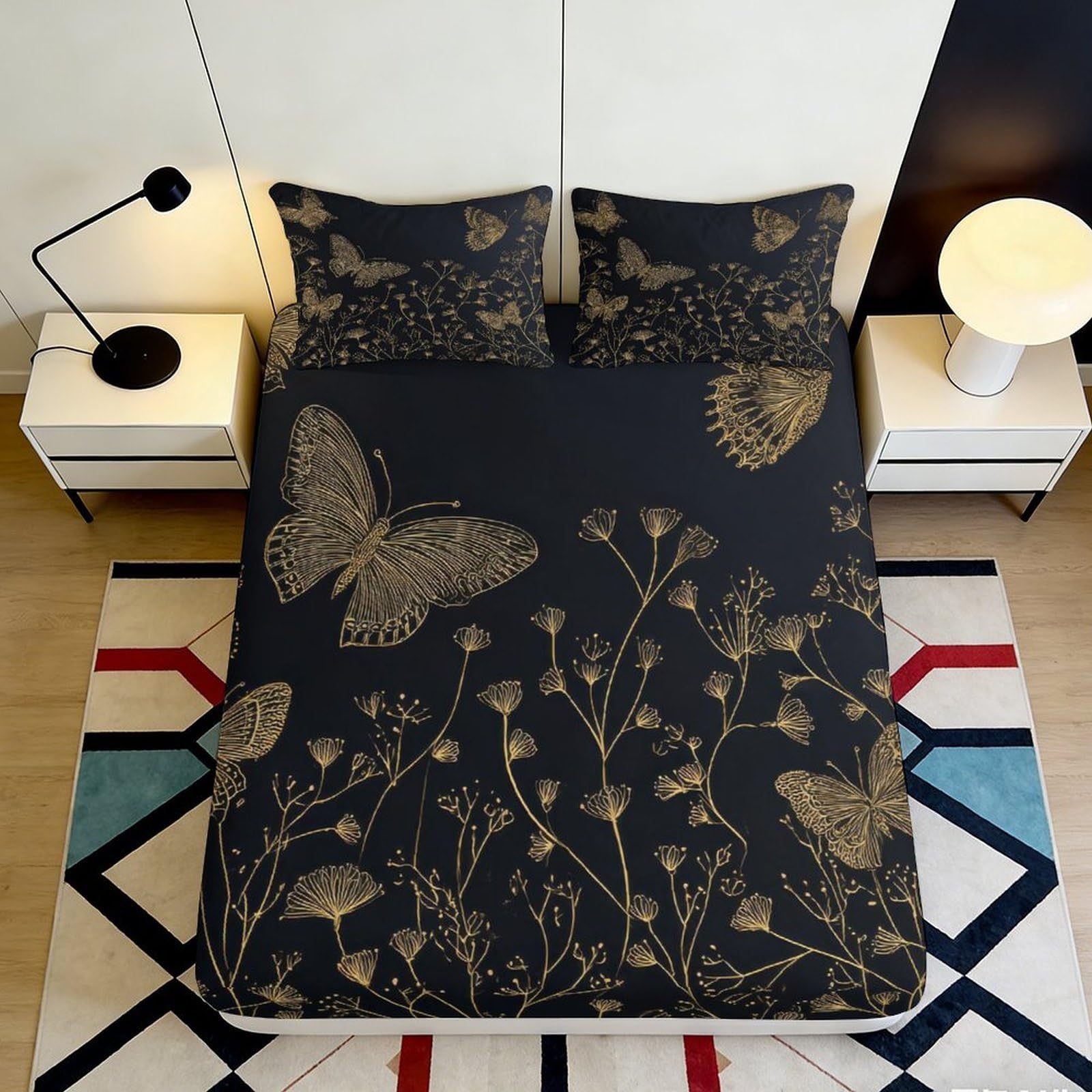 Jqzkxnhpbr Style-7 3D Printed Golden Butterfly Fitted Sheet Microfiber Soft Black Floral Mattress Cover Bedroom Guest Room Decor 90X200x25cm