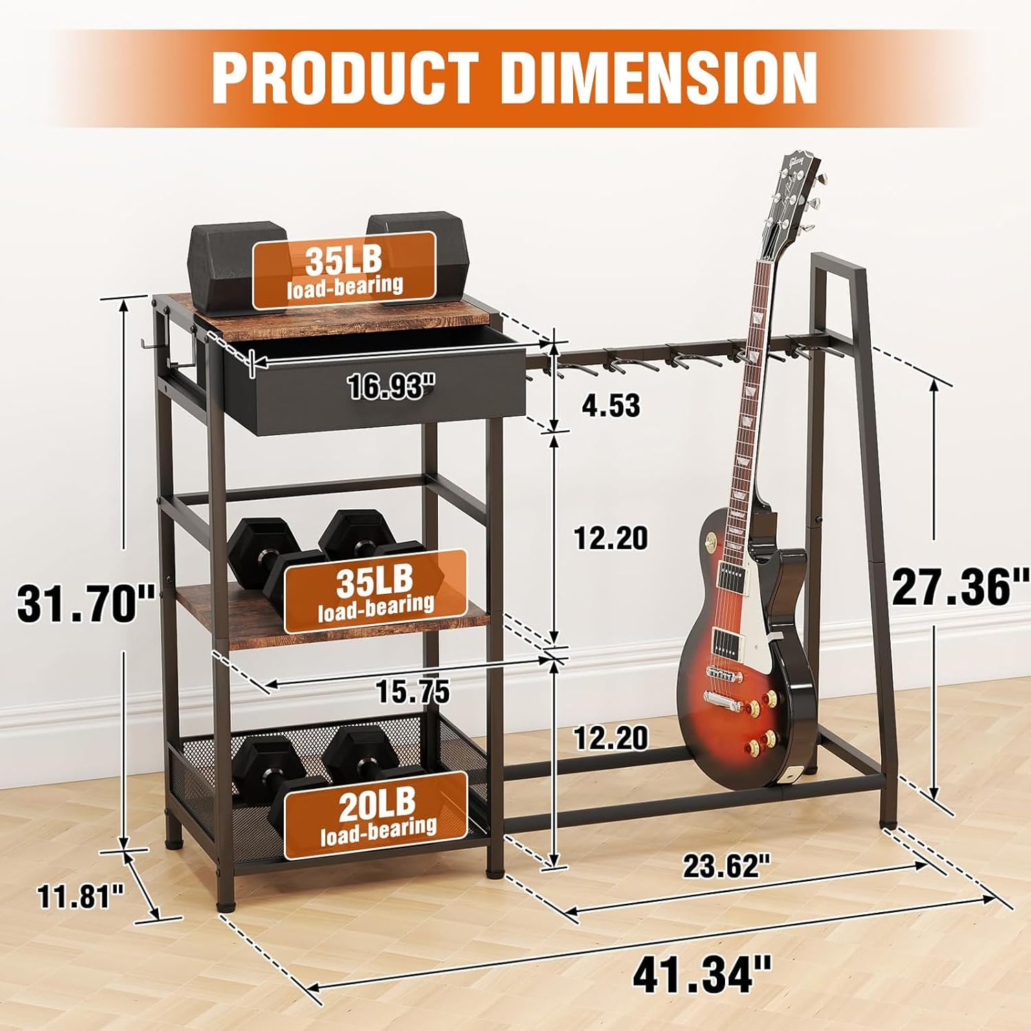 Guitar Stand for 6 Guitars, 3-Tier Adjustable Floor Rack with Soft Foam Pads & Storage Drawer, Display Holder for Acoustic Electric Bass, Amp and Vinyl Records