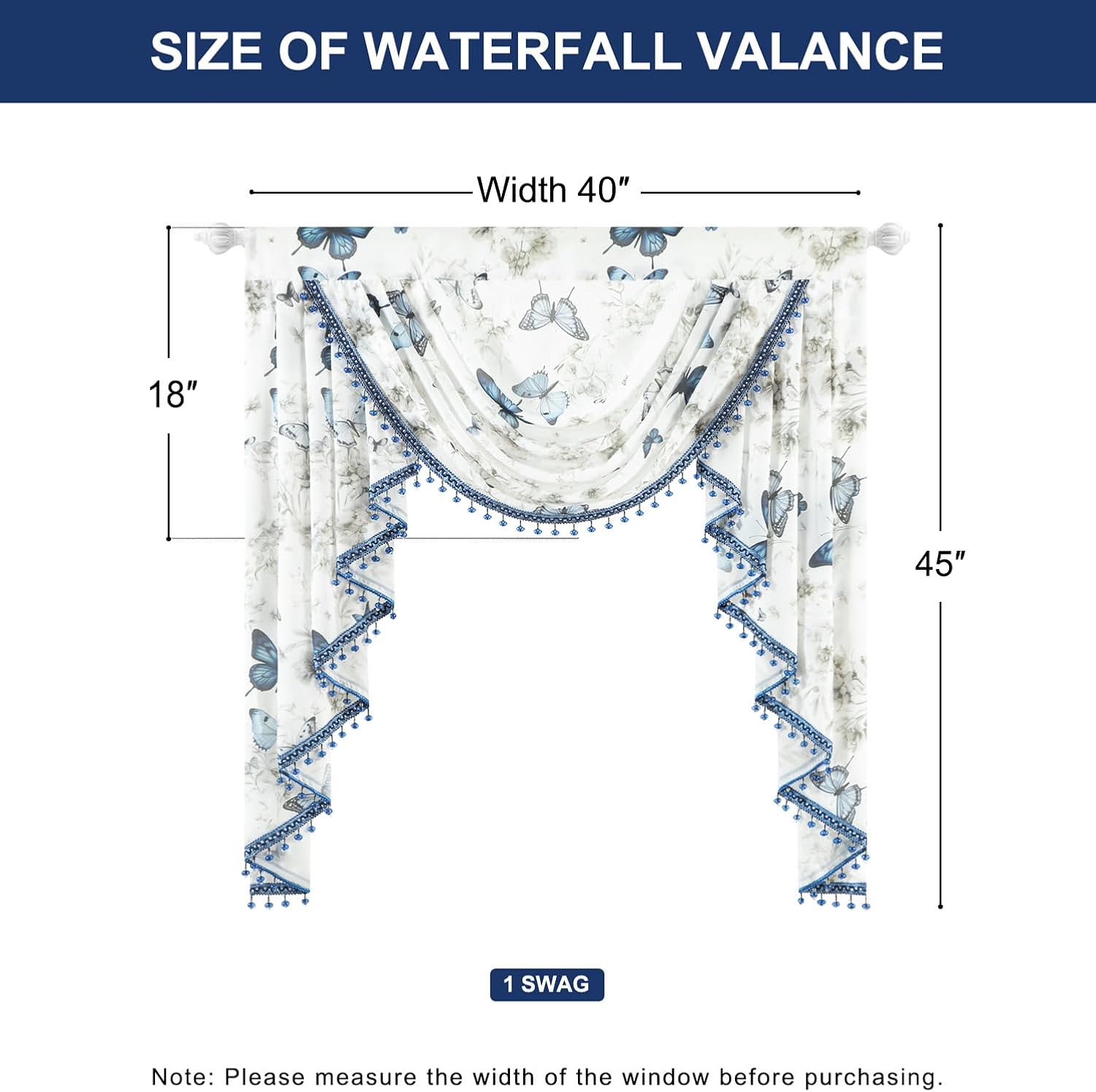 Leeva Blue Butterfly Sheer Valance 40" W x 45" L, Farmhouse Style Waterfall Swag Window Valance with Beaded Tassels, Rod Pocket Curtain for Kitchen Bedroom Living Room