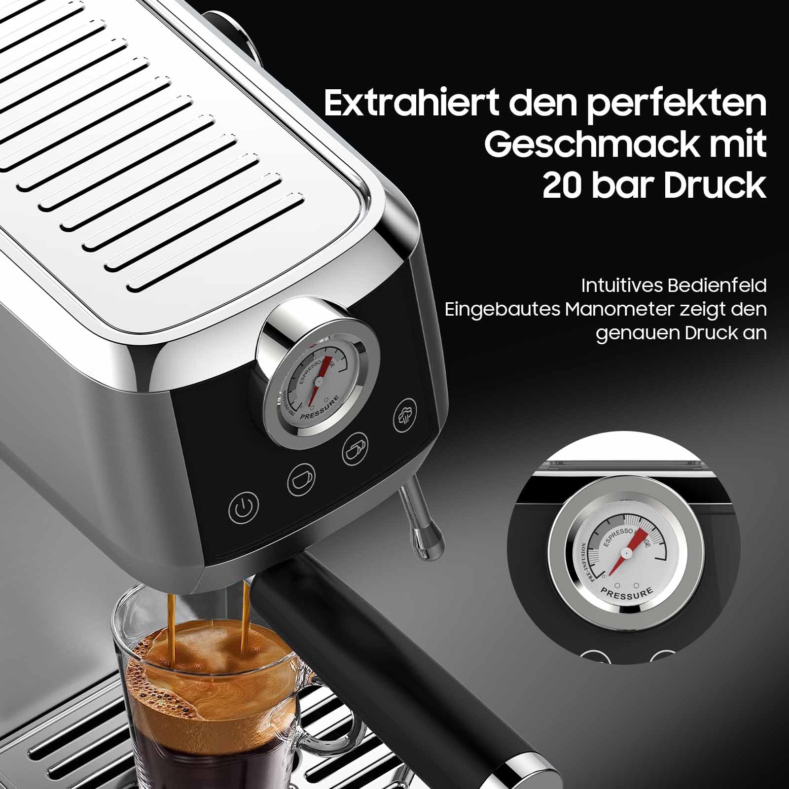 iceagle Espressomaschine CM1665B 20 Bar Italienischer Pumpe Siebträgermaschine Edelstahl Kaffeemaschine Espresso Cappuccino Latte Touchscreen Druckanzeige 1.3L Wassertank