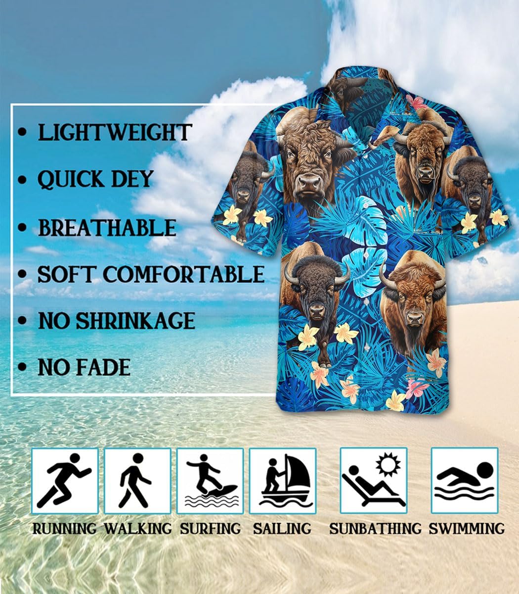 Bison Hawaiian Shirt for Men Funny - Hawaiian Shirts Short Sleeve - Mens Button Down Shirt Gifts for Buffalo Lovers