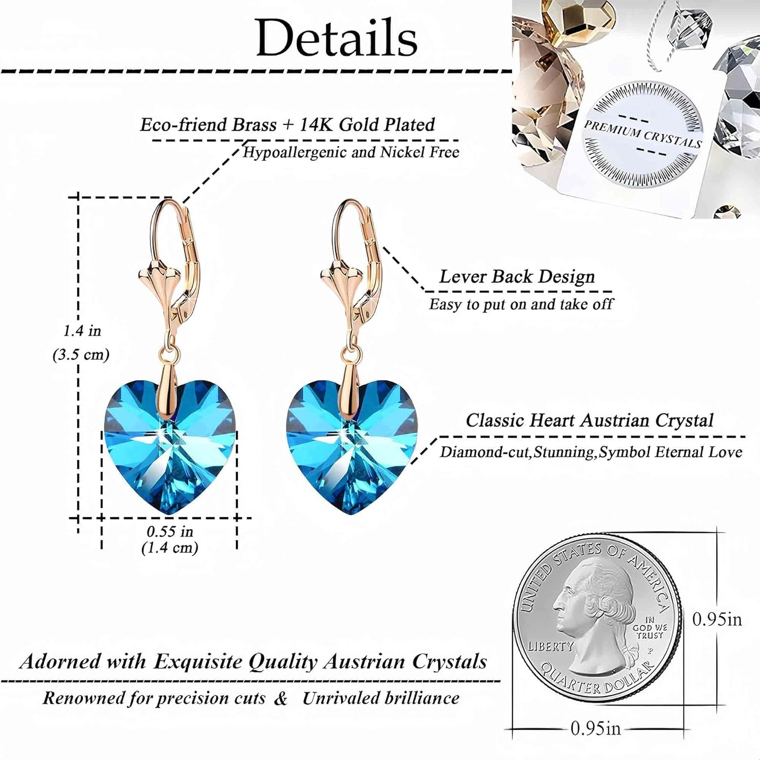 Austrian Crystal Heart Drop Leverback Earrings for Women Fashion Dangle Earring 14K Rose Gold Plated Hypoallergenic Jewelry - Image 4