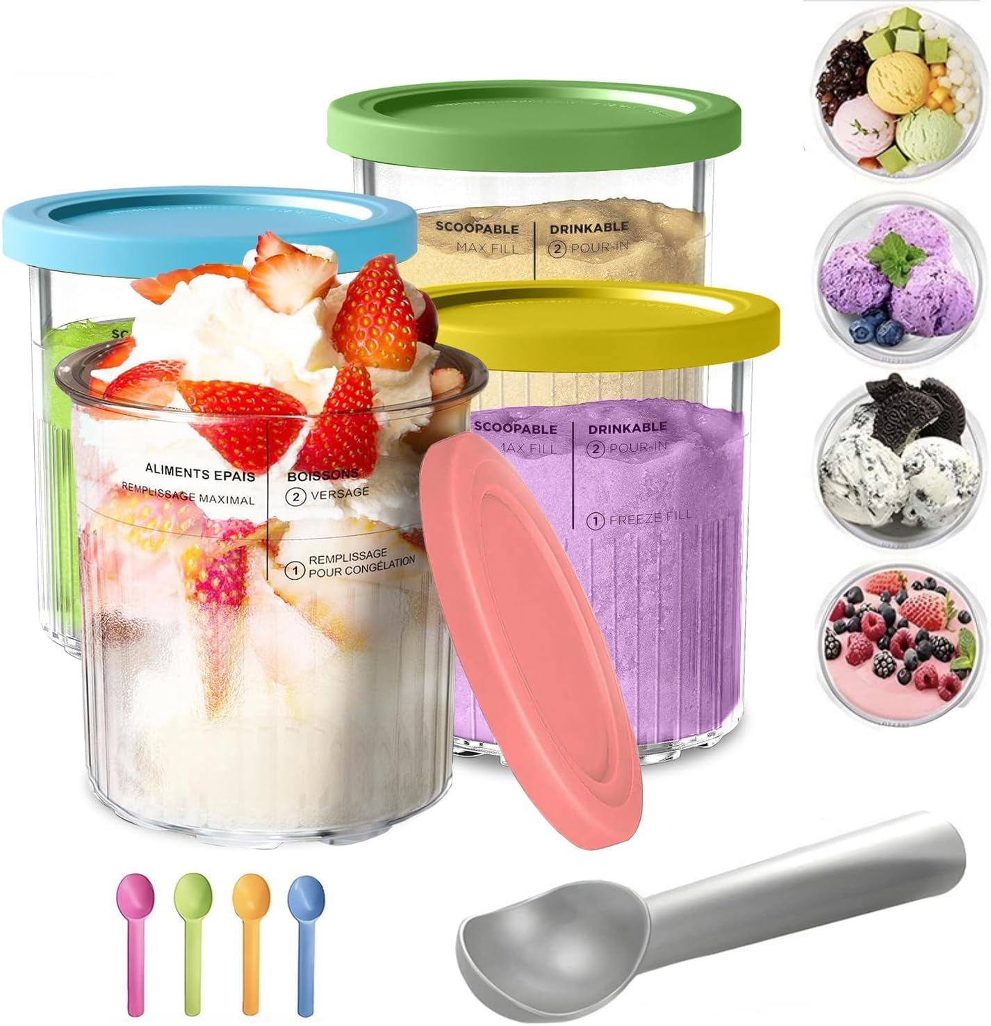 Vasche per gelato Ninja Creami Deluxe Serie NC500 NC501, 4 contenitori sostitutivi con coperchi colorati e cucchiaini