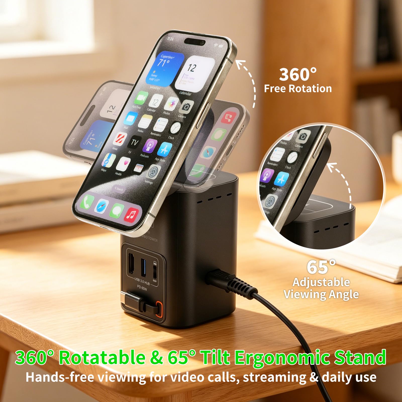 Caricatore USB C 100W da 6 in 1, Stazione di Ricarica con Caricatore Wireless Qi2.2 25W Cavo USB-C Retrattile 65W e Porta USB-C 65W e HDTV 2.1 8K e Hub USB 3.0 per iPhone 17 Samsung Galaxy Laptop ecc