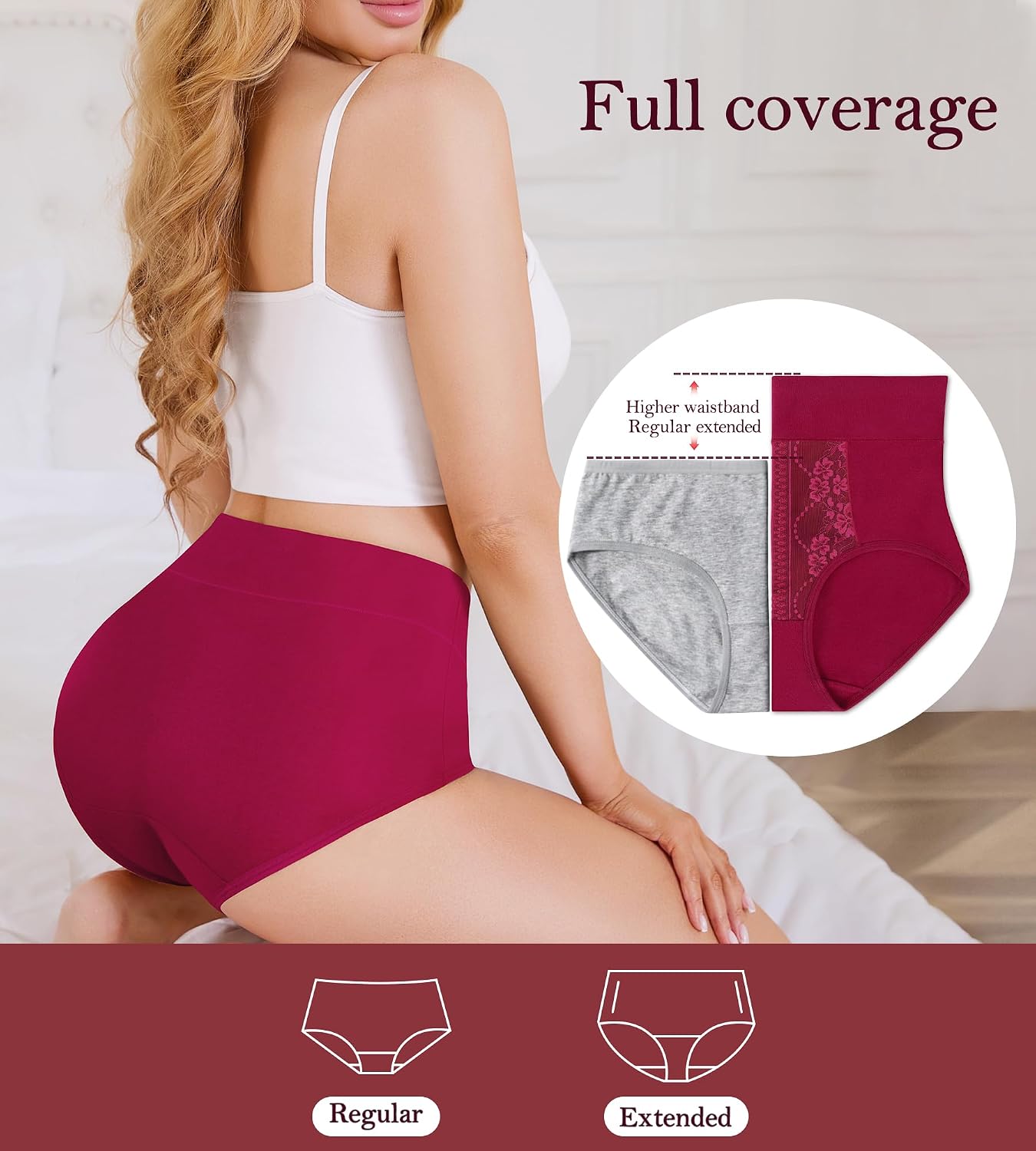 Women's High Waisted Cotton Underwear, Comfortable Soft Full Coverage Breathable Ladies Panties 5-Pack