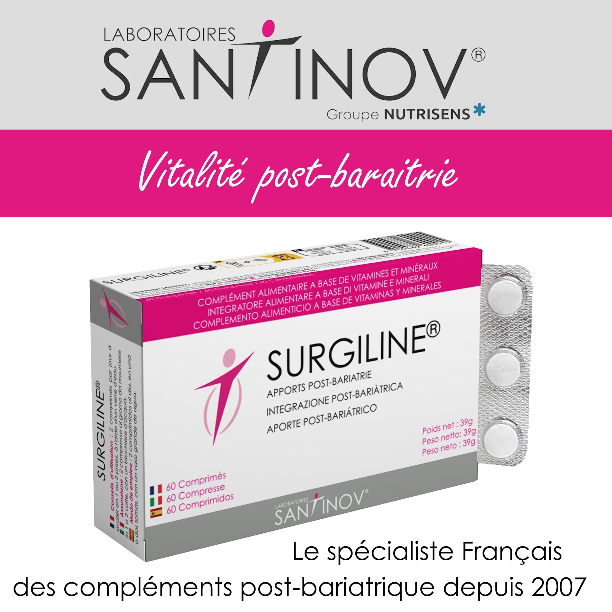 SANTINOV - SURGILINE - Comprimés Post Bariatrie - Sleeve Gastrectomie, by-pass, anneau gastrique - 2 complémentations en une : vitamines et minéraux + magnésium