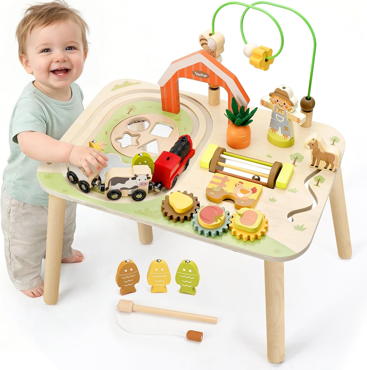 Vanplay Activity Table for 1 Year Old Boy Girl Birthday Gifts, Montessori Toys for 1 2 Year Old, 10 in 1 Wooden Sensory Play Table for Toddler 1-3, Learning Table for Baby 12M+ First Gifts