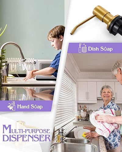 Miniatura 4 de Dispensador de jabón para fregadero de cocina, dorado cepillado, dispensador de jabón de cocina de acero inoxidable integrado, repuesto desde la