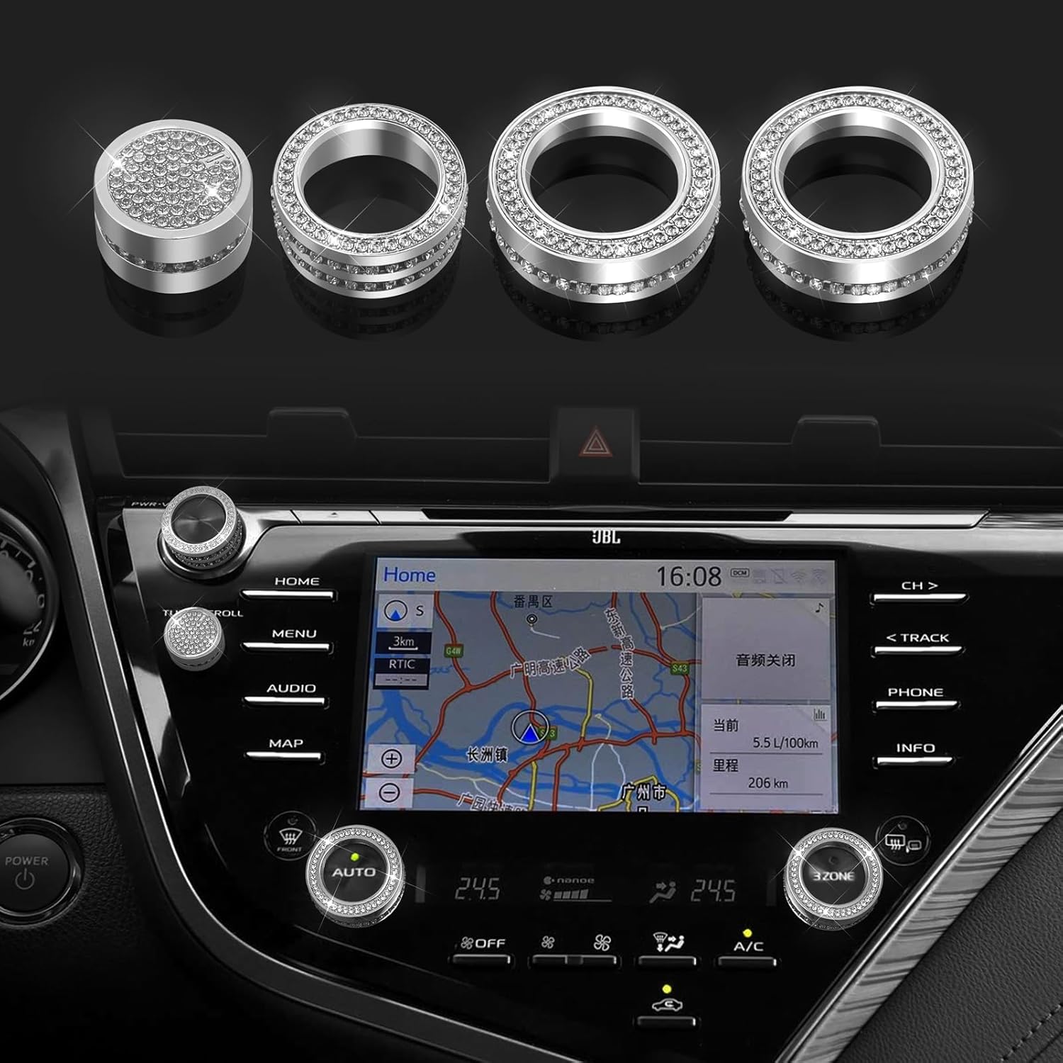 Bling Crystal Shiny Accessory Interior Climate Control Multimedia Screen Knob Button Cover Compatible for Toyota Camry 2018-2023 (Silver 3)