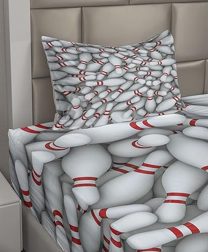 Miniatura 2 de Ambesonne Juego de sábanas para fiesta de bolos, pila de alfileres y bolos vívidos con estampado de rayas rojas estilo 3D, sábana bajera y sábana