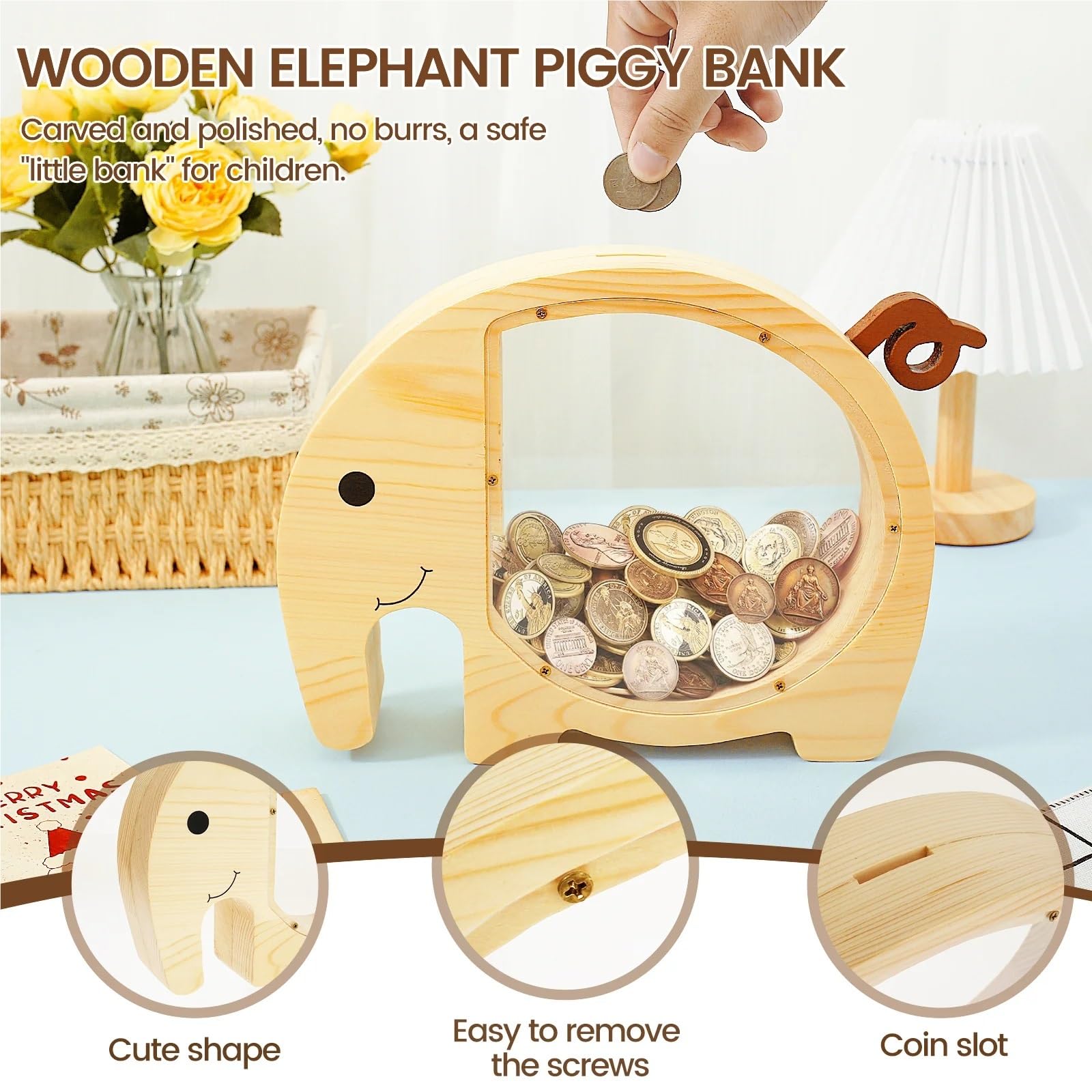 Tirelire en Bois en Forme d'éléphant avec Panneau Transparent, Tirelire réutilisable, Tirelire décorative, Jolie boîte d'épargne personnalisée
