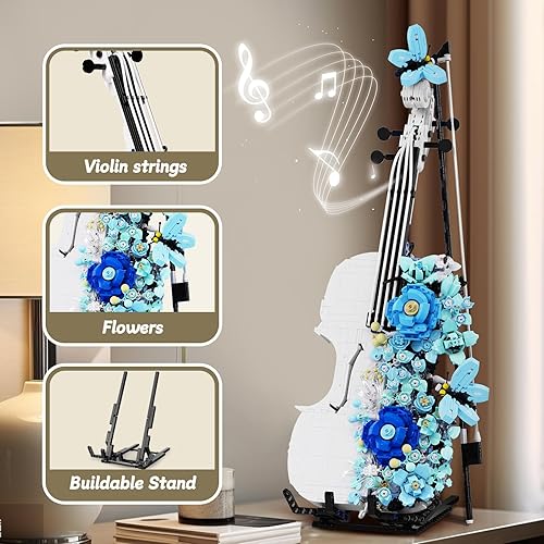 Miniatura 2 de Flower Violin Building Set Toys, 1419+ Pieces Instrument Building Block Set Compatible with Lego Adult, Violin Model Toy Gift for Adult