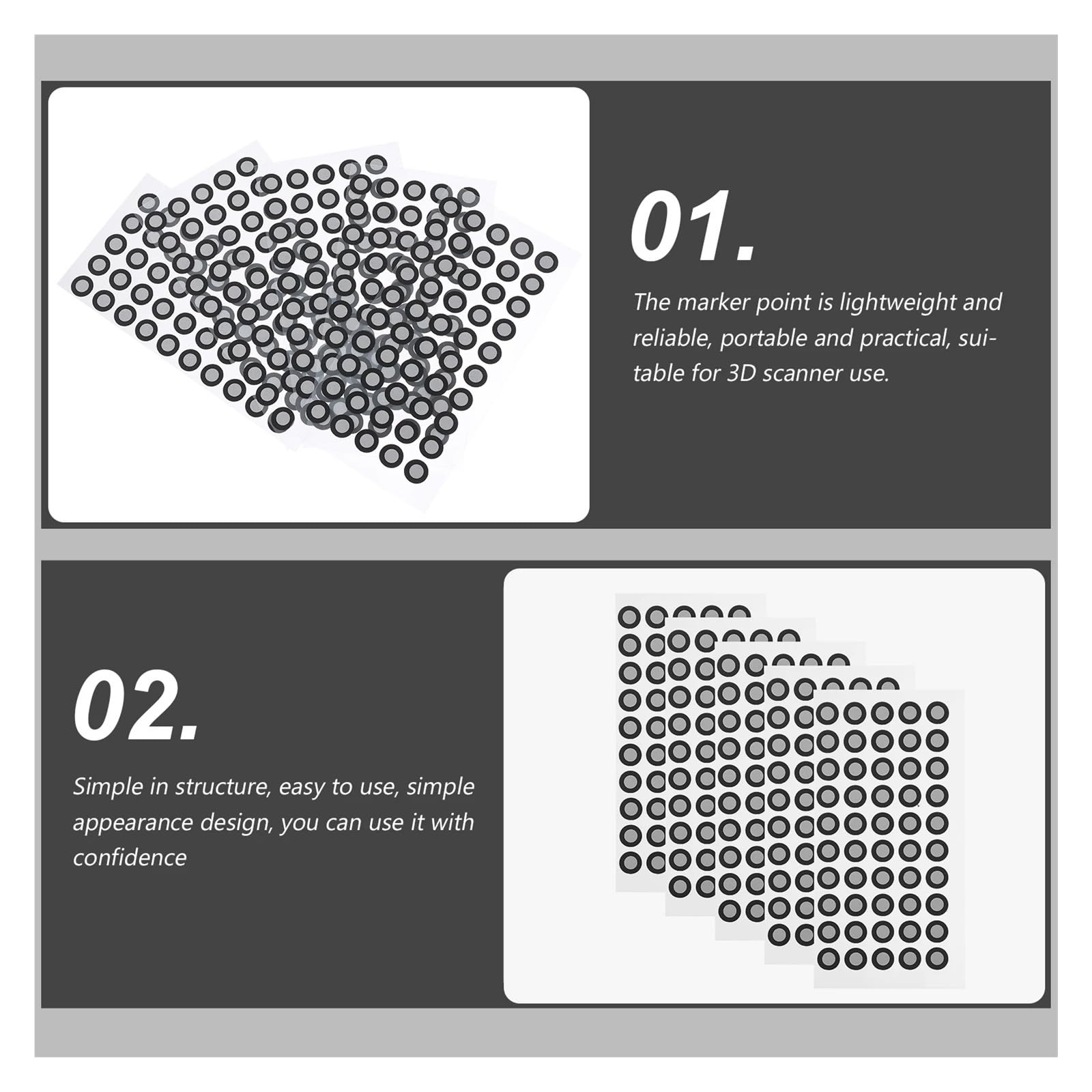 5 hojas de pegatinas for posicionamiento de escáner 3D, marcador de escáner 3D, marcador de puntos, plato giratorio, referencia de escaneo 3D Escaneo de alta precisión