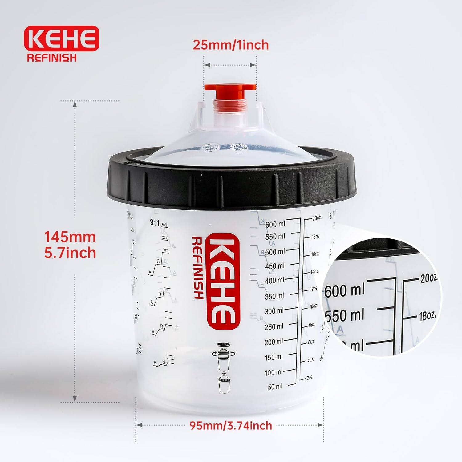 Disposable Paint Cups for Spray Gun,Mixing Cups 20 Ounce (600ml) Kit with 50 Cups and Lids with Strainer System for HVLP&LVLP,2 Hard Cups with Retainer Ring,20 Plugs,3 Caps,2 Adapters,1 Wash Bottle