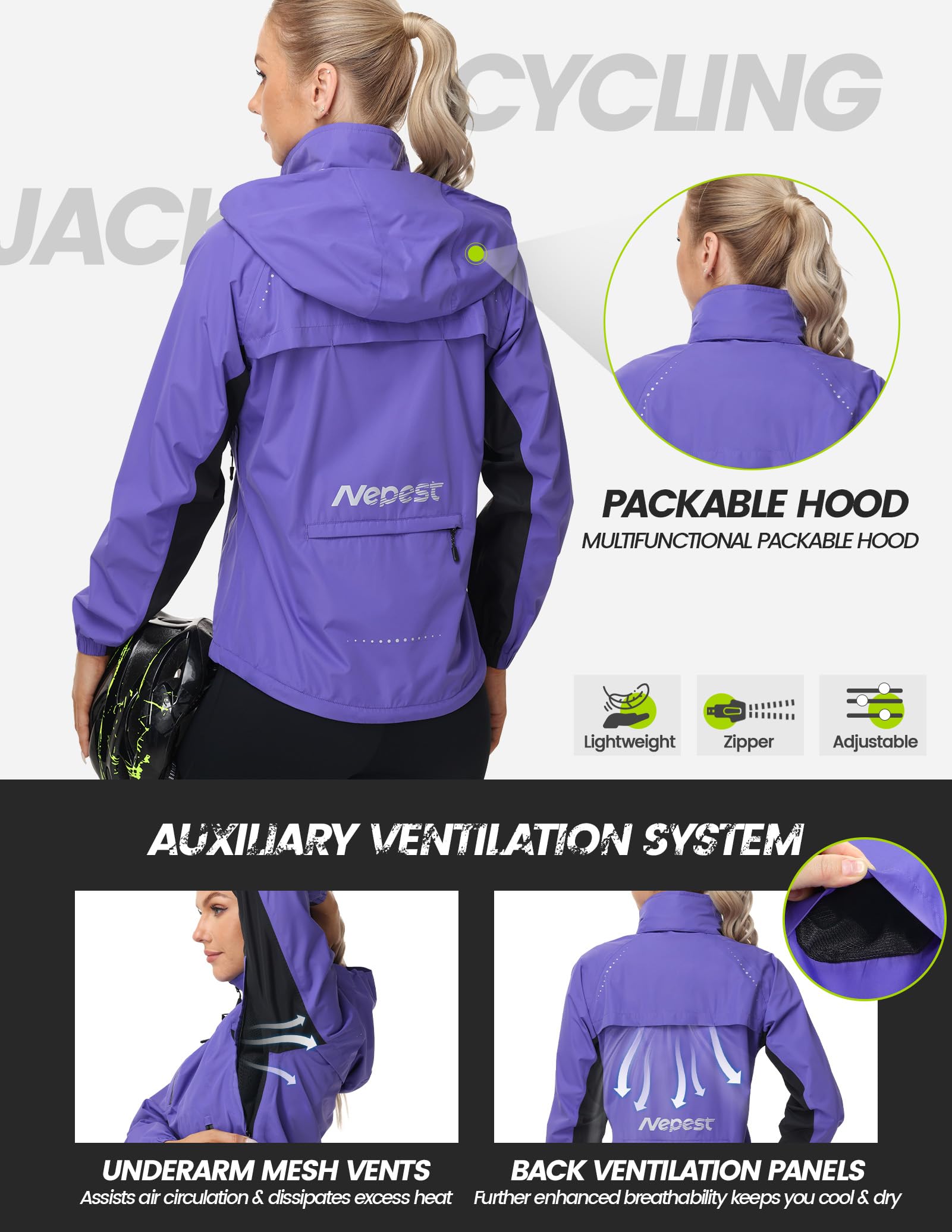 Nepest Veste de pluie de vélo pour femme - Veste de pluie pour femme - Ultra légère - Course à pied - 6 poches - UPF 50+ - Pliable - Respirant