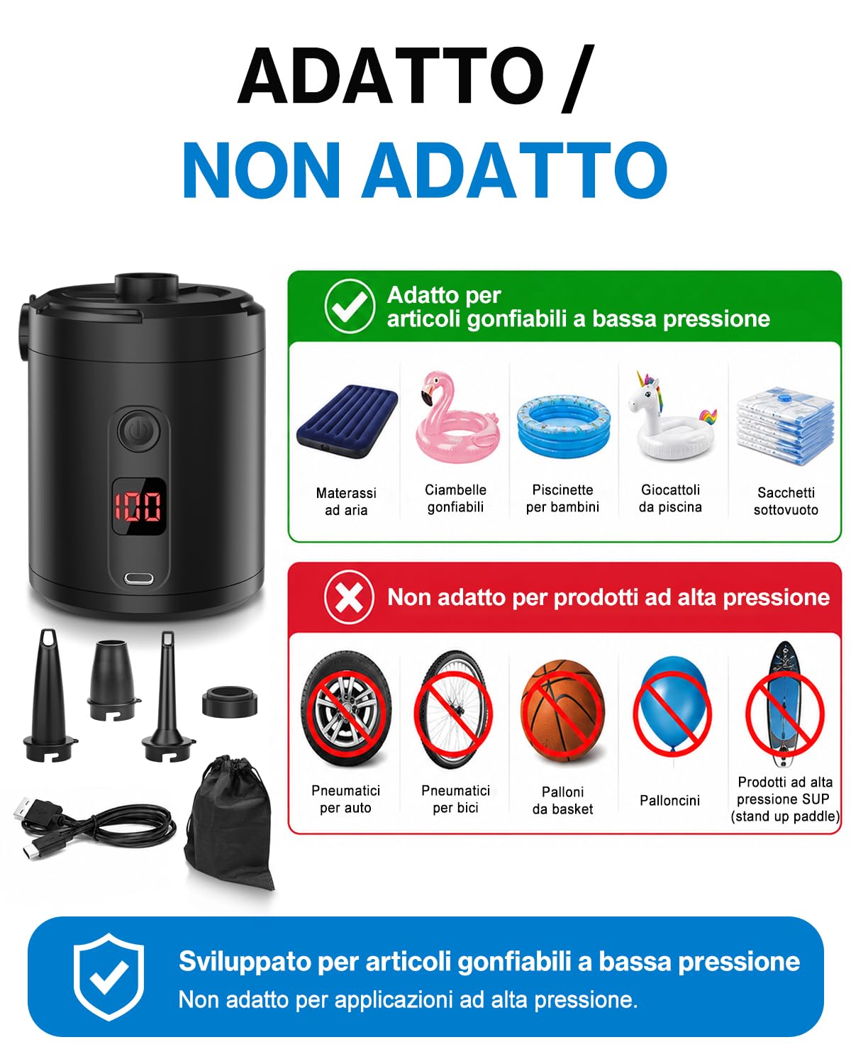 Lytool Pompa Elettrica 5200mAh con Display Digitale, 4 KPa Portatile Rapida 280L/min con 3 Ugelli e Anello per Piscina, Vacuum, Campeggio e Materasso Gonfiabile