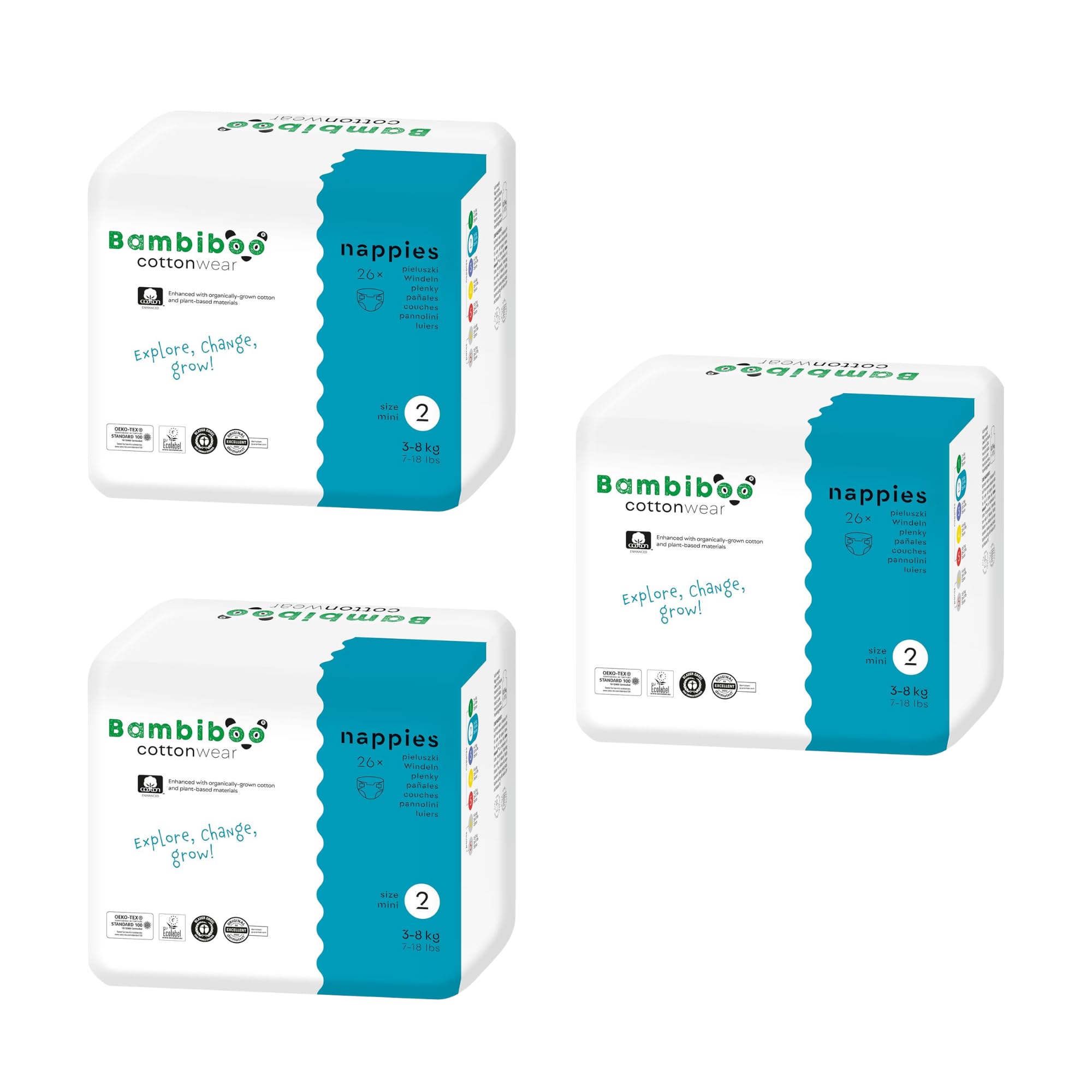 Bambiboo - COTTONWEAR Baby Windeln Großpackung 78 STÜCK - Einwegwindeln - Größe 2 Mini (3-8kg) mit Nabelausschnitt - mit Bio-Baumwolle, Pflanzstoffen, Nässeindikator, 3D-Rüschen, Parfümfrei