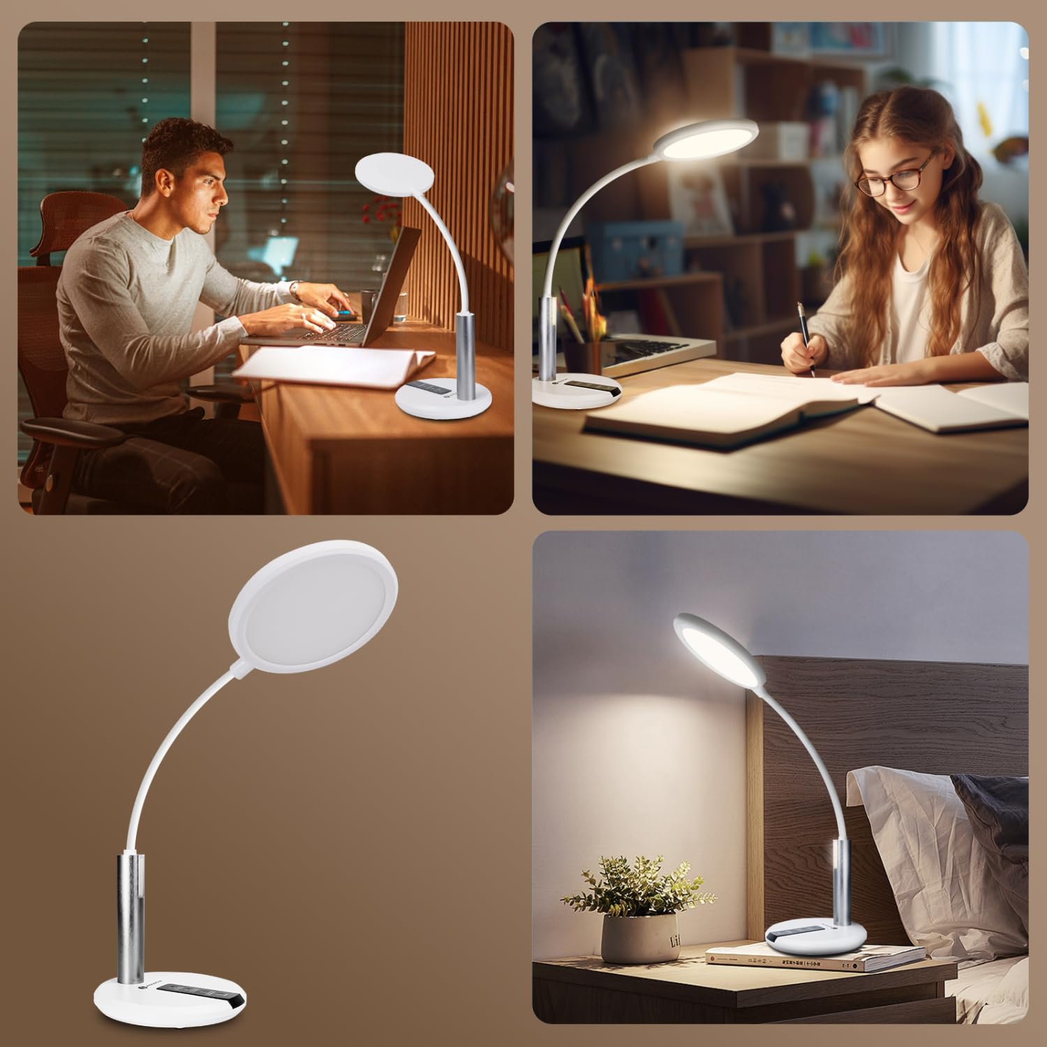 Aigostar Flexo Escritorio, Lampara Escritorio LED, Ajuste Flexible de 360°, 3 Brillo y Temperatura de Color, Cable de 130 cm con Enchufe, Función de Memoria, Blanco