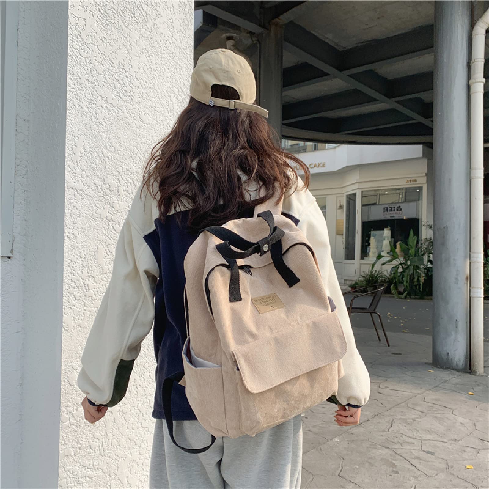 Niedliche Damen Cord Rucksack weibliche einfarbig gestreifte Schultasche College Student Rucksack Mädchen Reisetasche Handtasche