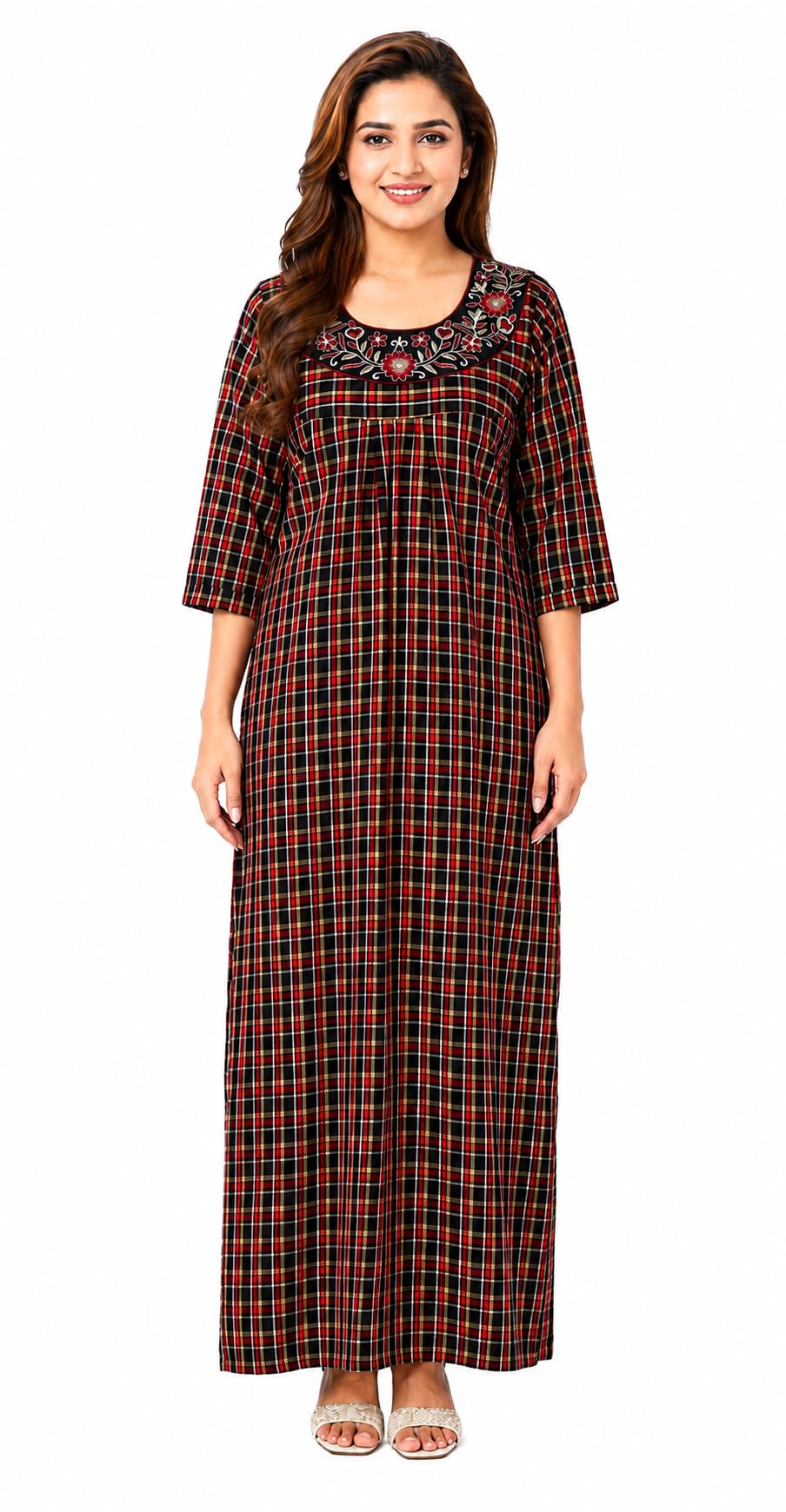 Cotswool Women's Checkered Winter Nighty with Floral Embroidery-image-22