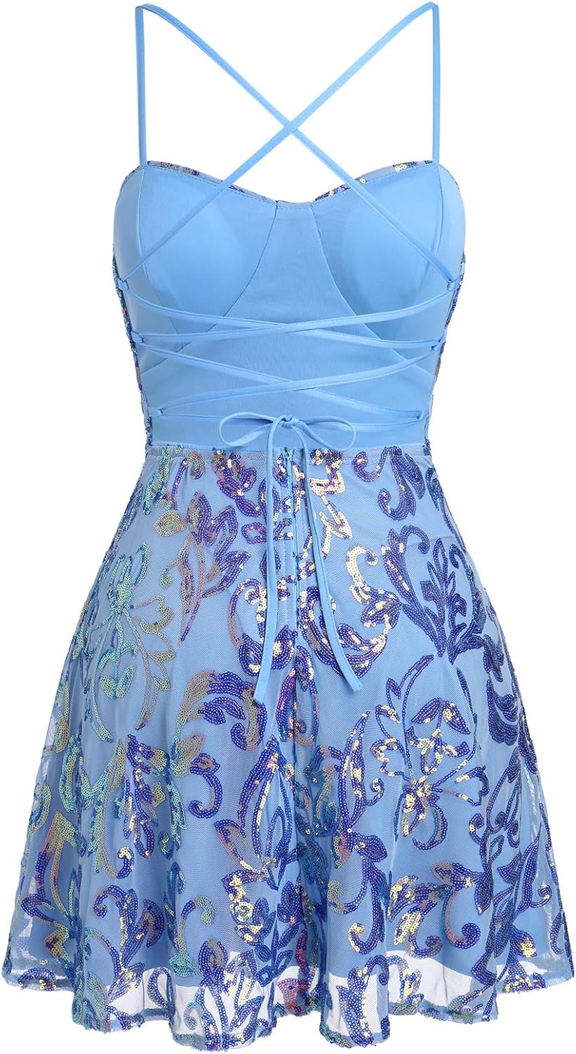 ODIZLI Women's Spaghetti Straps Sparkly Sequins A Line Swing Party Nightclub Dance Mini Dress Above Knee Length - Image 4