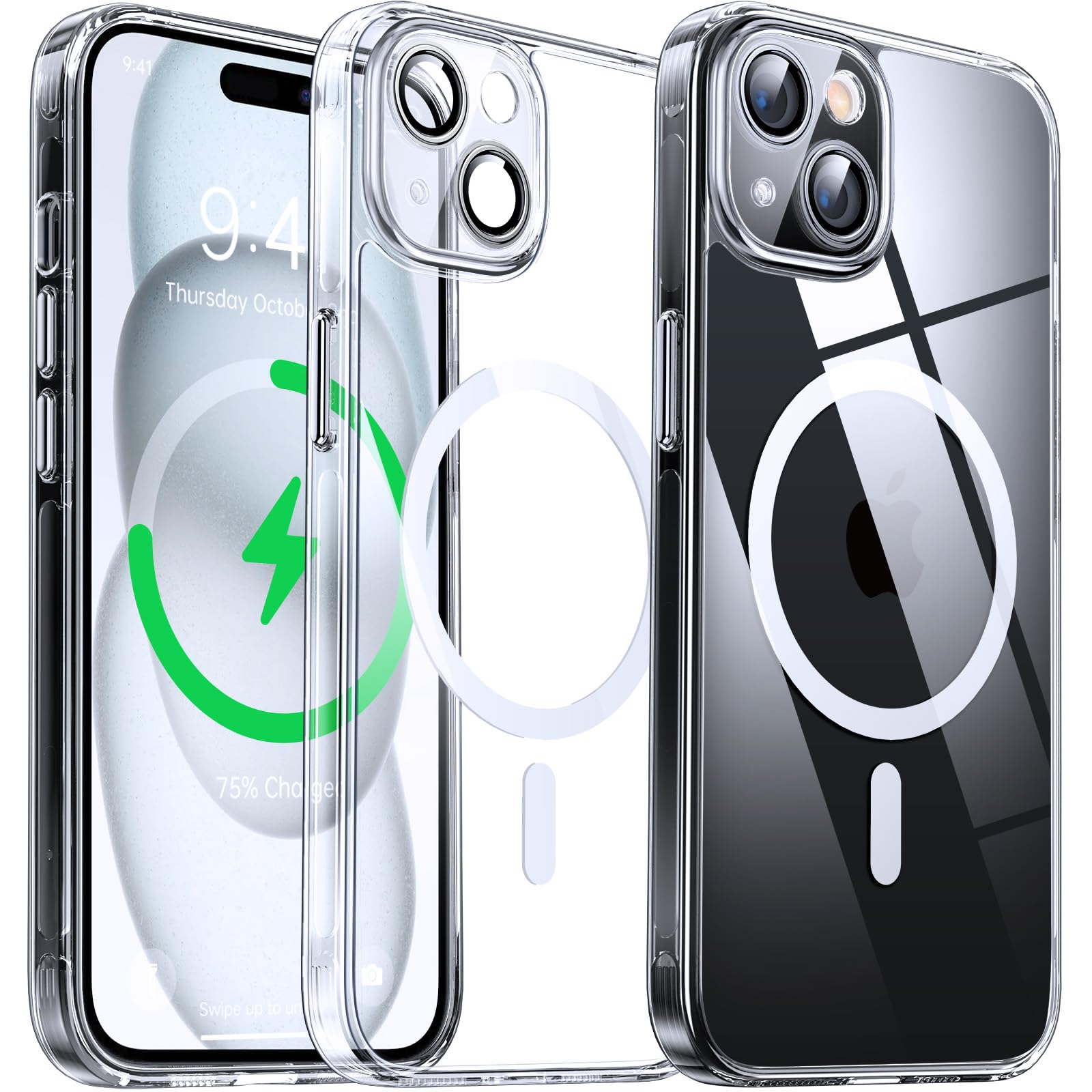 Flyzoo Clear Magnetic Case for iPhone 15 (6.1'') with Camera Protector, [Compatible with MagSafe] [Non-Yellowing] [Shockproof & Antiscratch Protection] Hard Transparent Cover with Silicone Edge, Clear