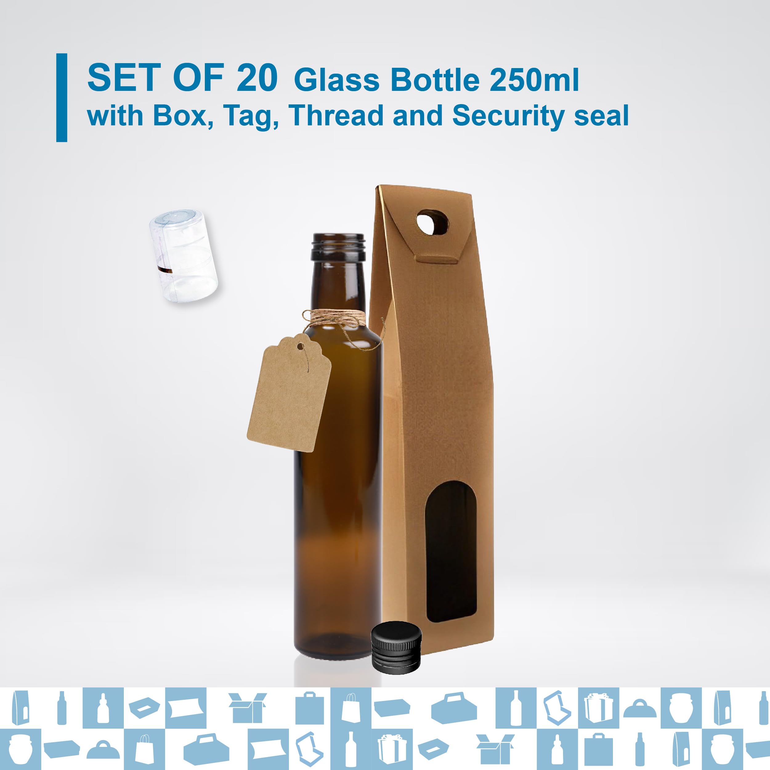Espirito Rebelde - 20 botellas de vidrio oscuro 250 ml con tapón de rosca negro + 20 cajas + 20 sellos + 20 etiquetas Kraft + cuerda - aceite de oliva, vinagre, alcohol, salsas - aceitera
