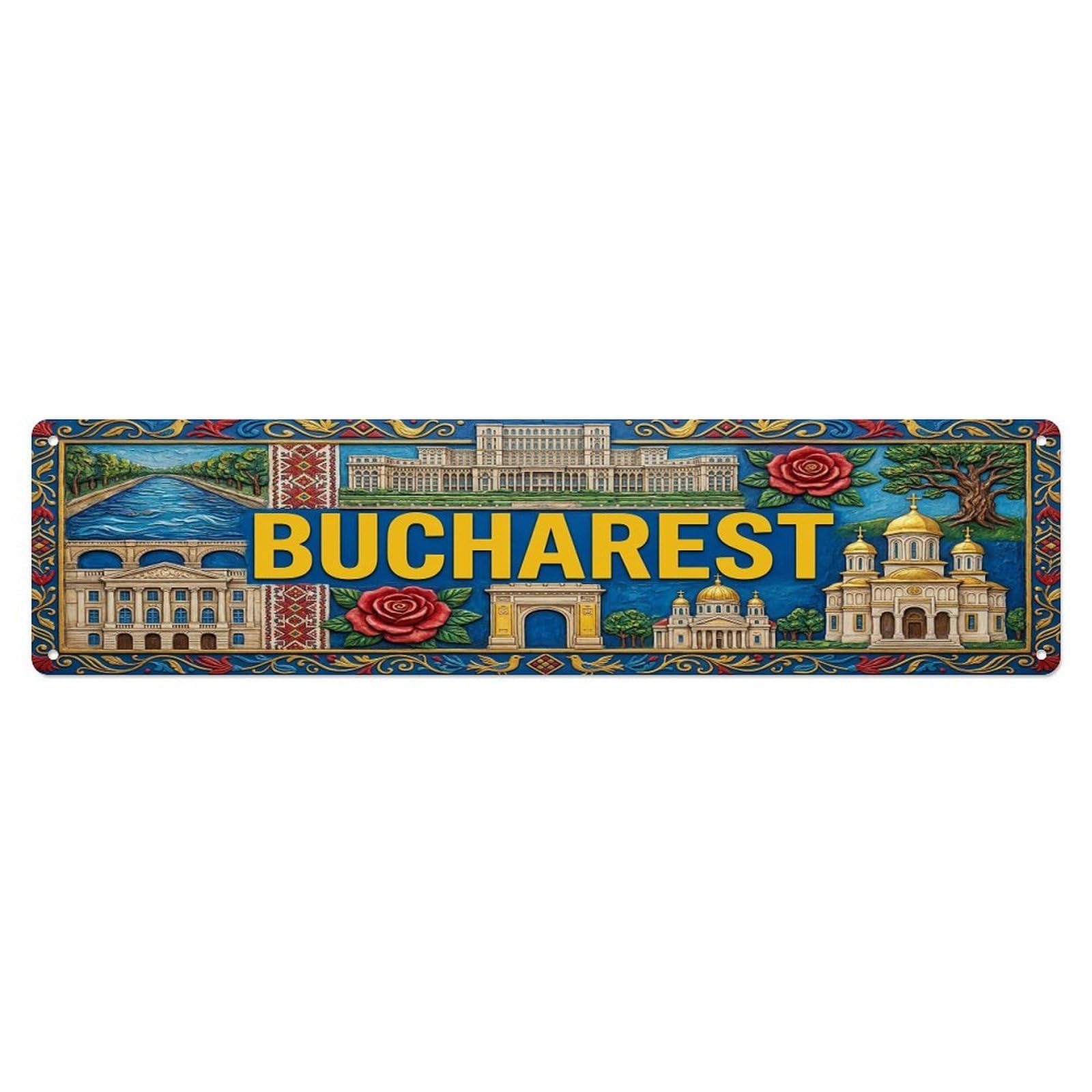Olhnbad 4X16inch(10X40cm) Vintage Bucharest Romania Flag Pattern Metal Tin Sign