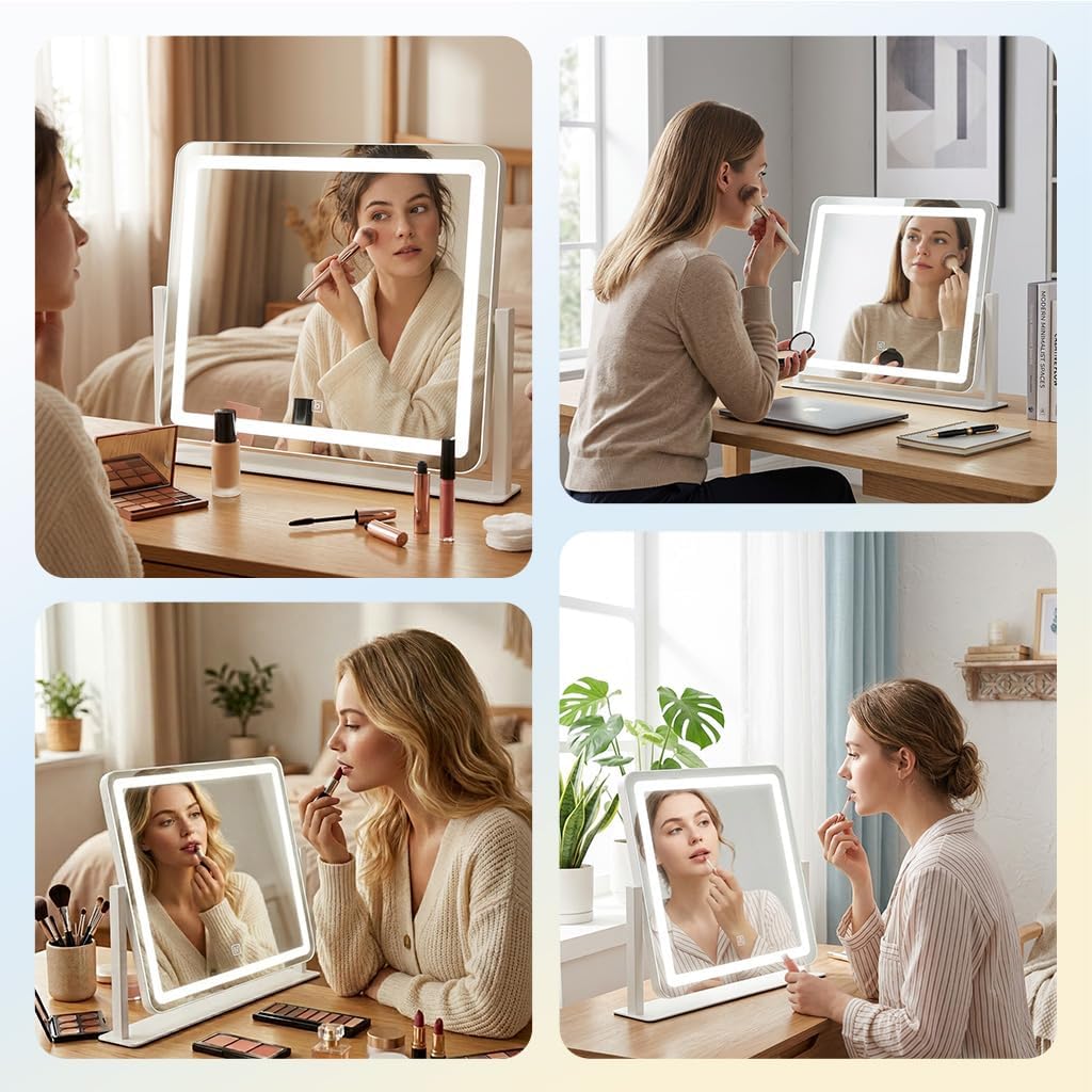 Vanity Mirror with Lights, 17''x22'' Lighted Makeup Mirror, LED Makeup Mirror, Smart Touch with 3-Color Lighting Modes, Dimmable, for Bedroom Tabletop - White