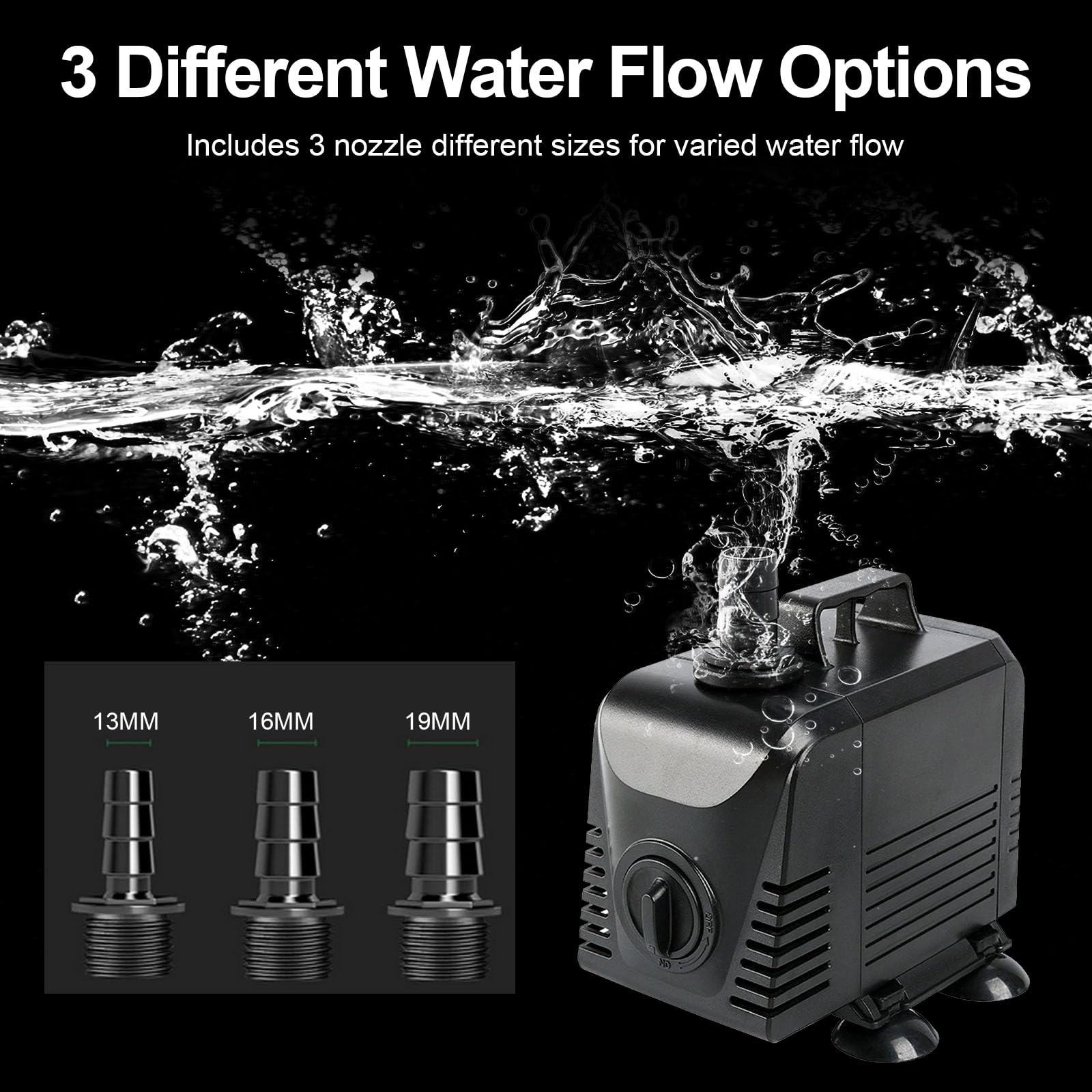 Polegas Submersible Water Pump,3000L/H 45W Ultra Quiet Pond Pump with 3 Nozzles,3m High Lift for Fountain Pumps for Fish Tank Hydroponics Small Pond - Image 4
