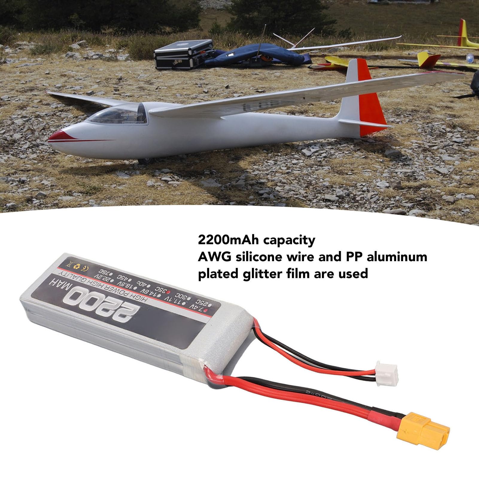 1 Pc RC Airplane Battery, LiPo Battery, 7.4V 2S 2200mAh 35C RC Airplane High Rate Lithium Battery with XH Balance Head for Replacement (XT60 Plug)